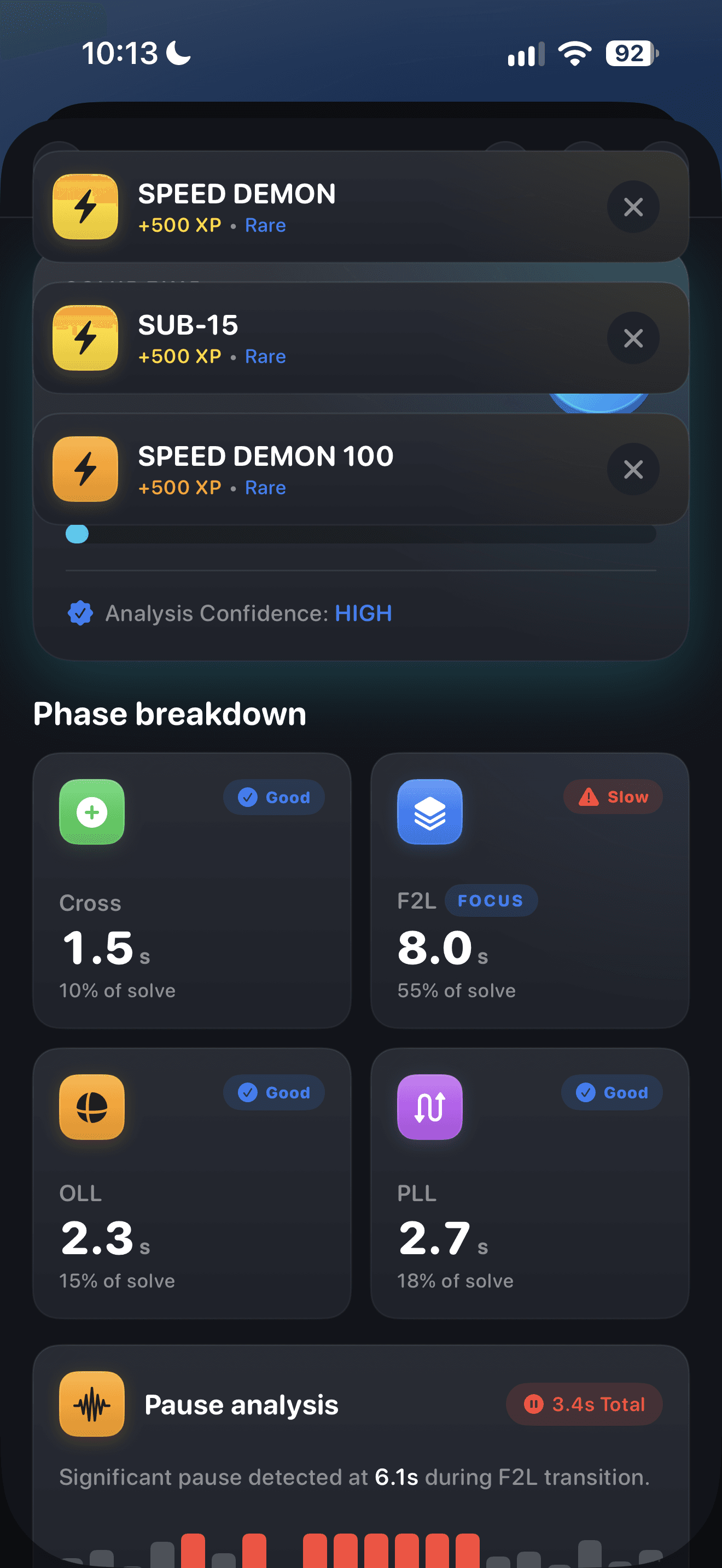 CuberPal redesigned solve analysis with achievement notifications and phase breakdown