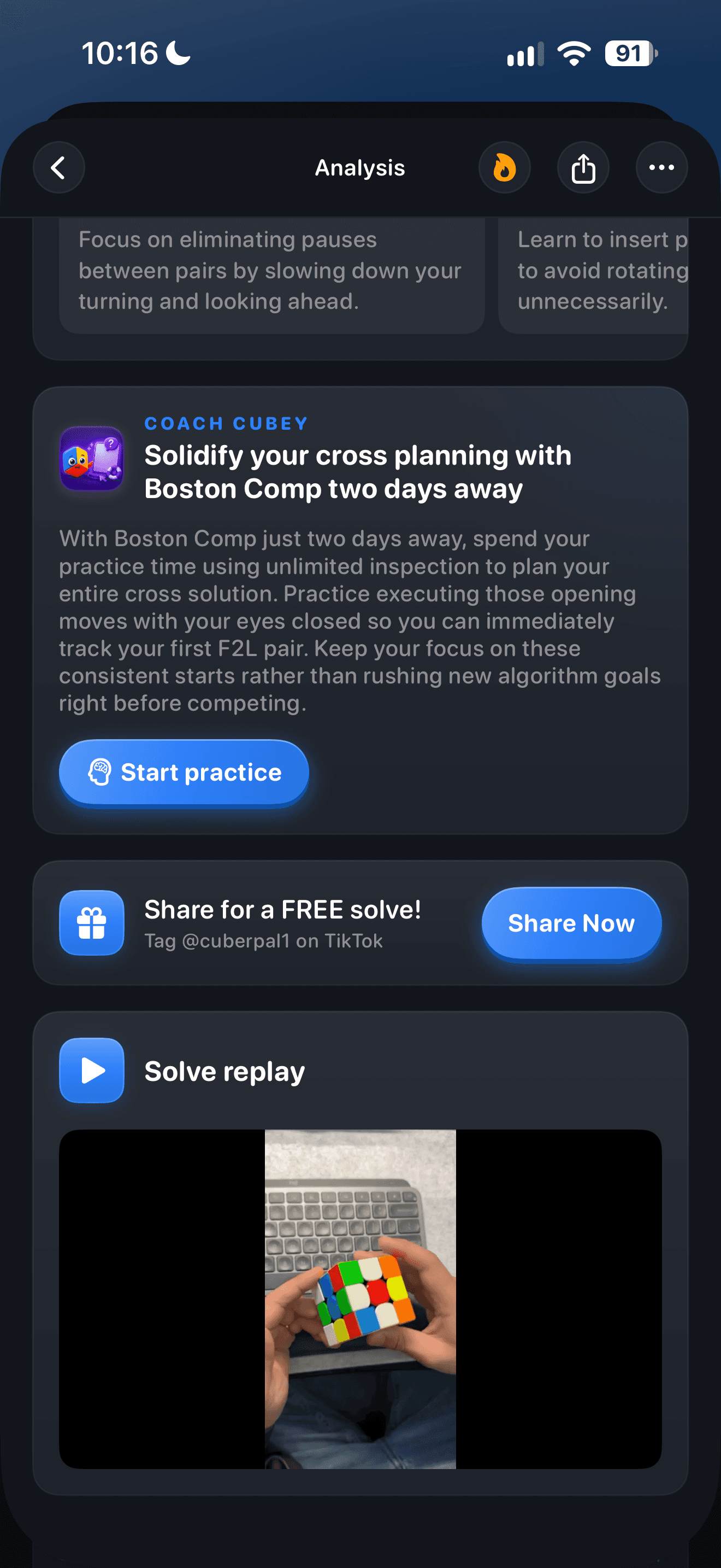 CuberPal redesigned analysis with a practice recommendation and solve replay preview
