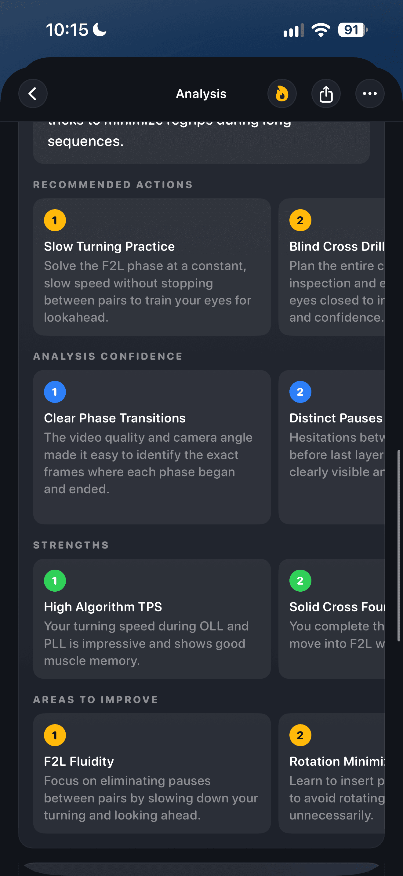 CuberPal redesigned analysis showing confidence, strengths, and areas to improve