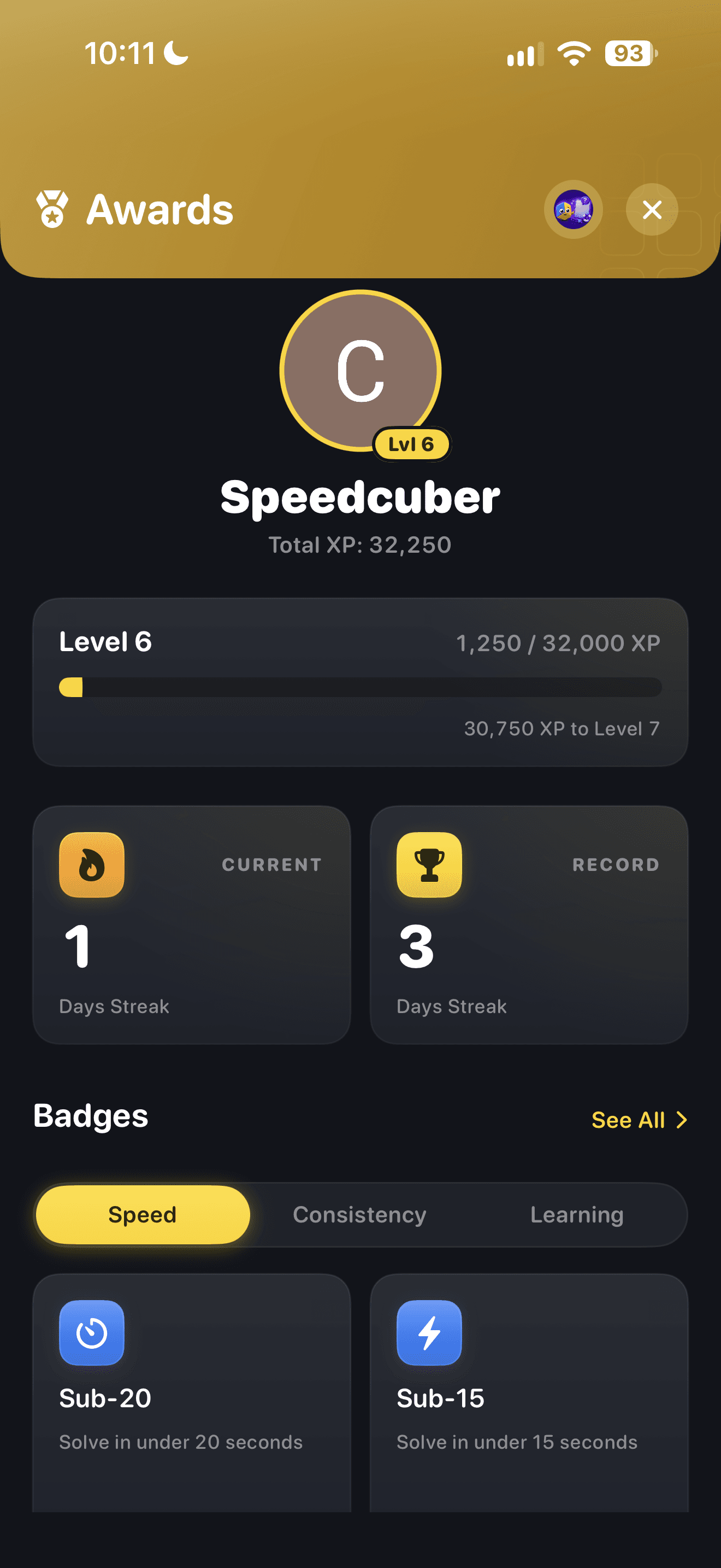 CuberPal redesigned Awards screen showing level, XP, streaks, and achievement badges