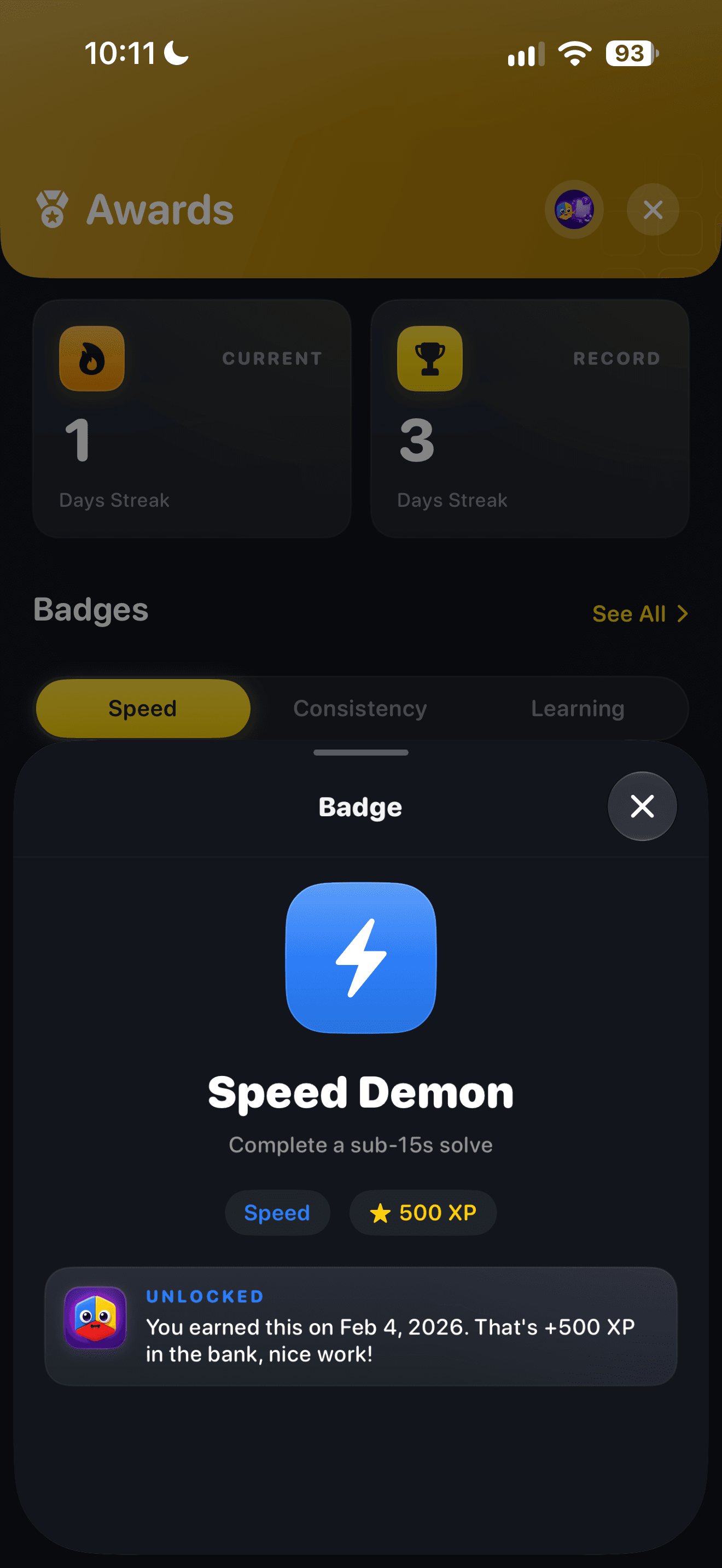 CuberPal Speed Demon achievement badge with a sub-15 milestone and XP reward