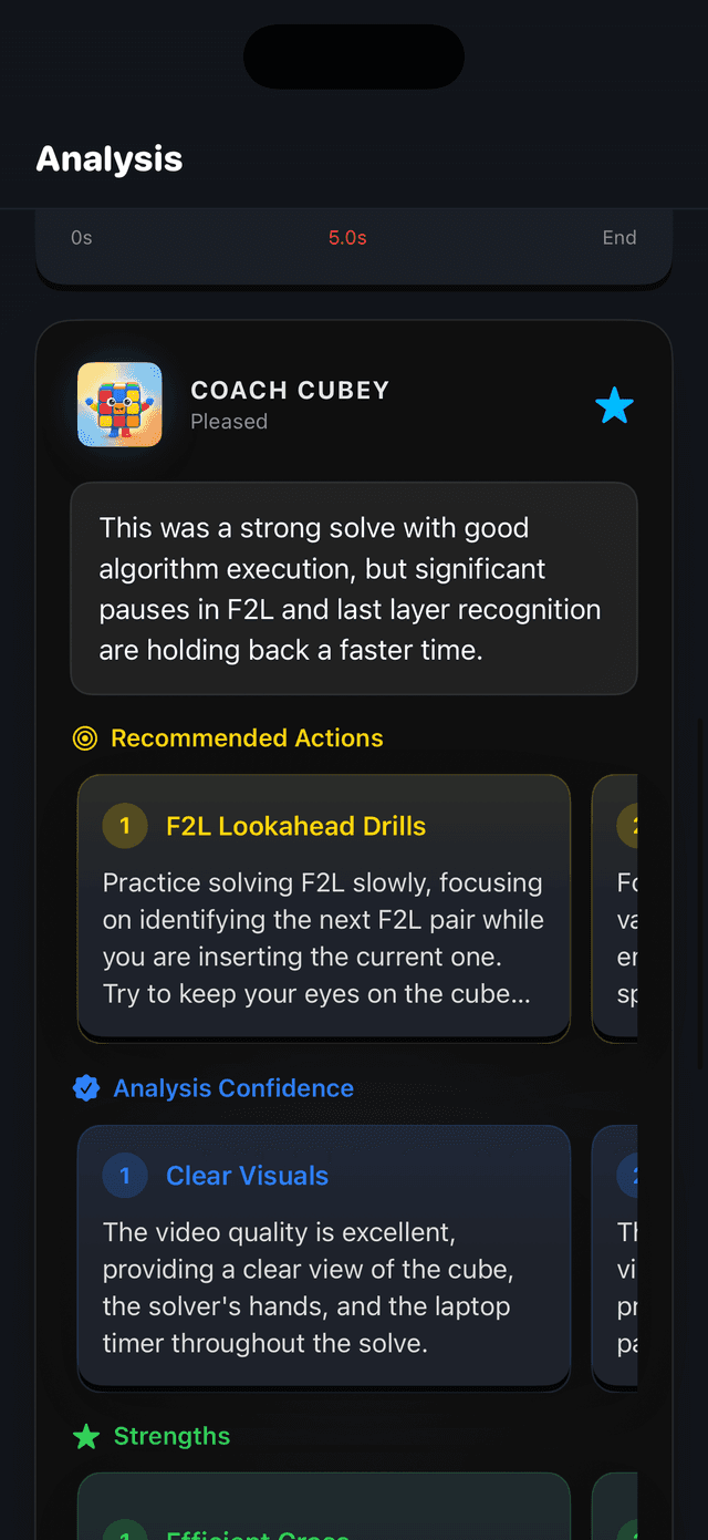 CuberPal Cubey AI coach giving a personalized speedcubing practice recommendation
