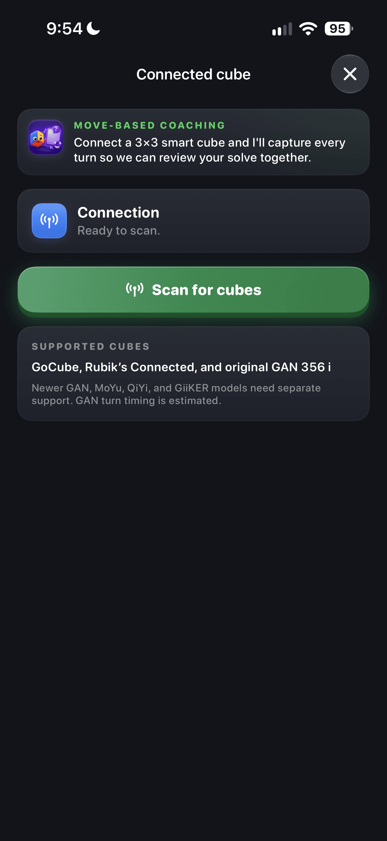 CuberPal connected cube setup screen with a scan button and supported cube information