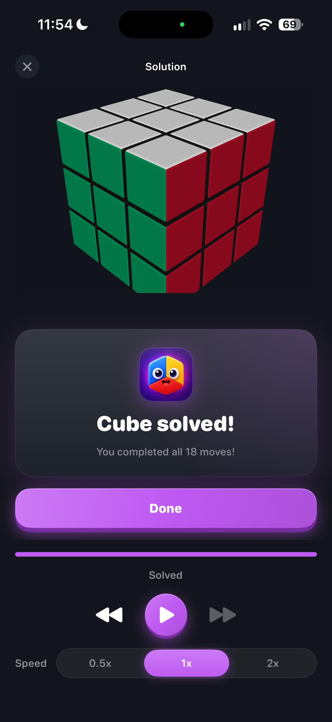 CuberPal redesigned solution completion with a solved cube and completed move count