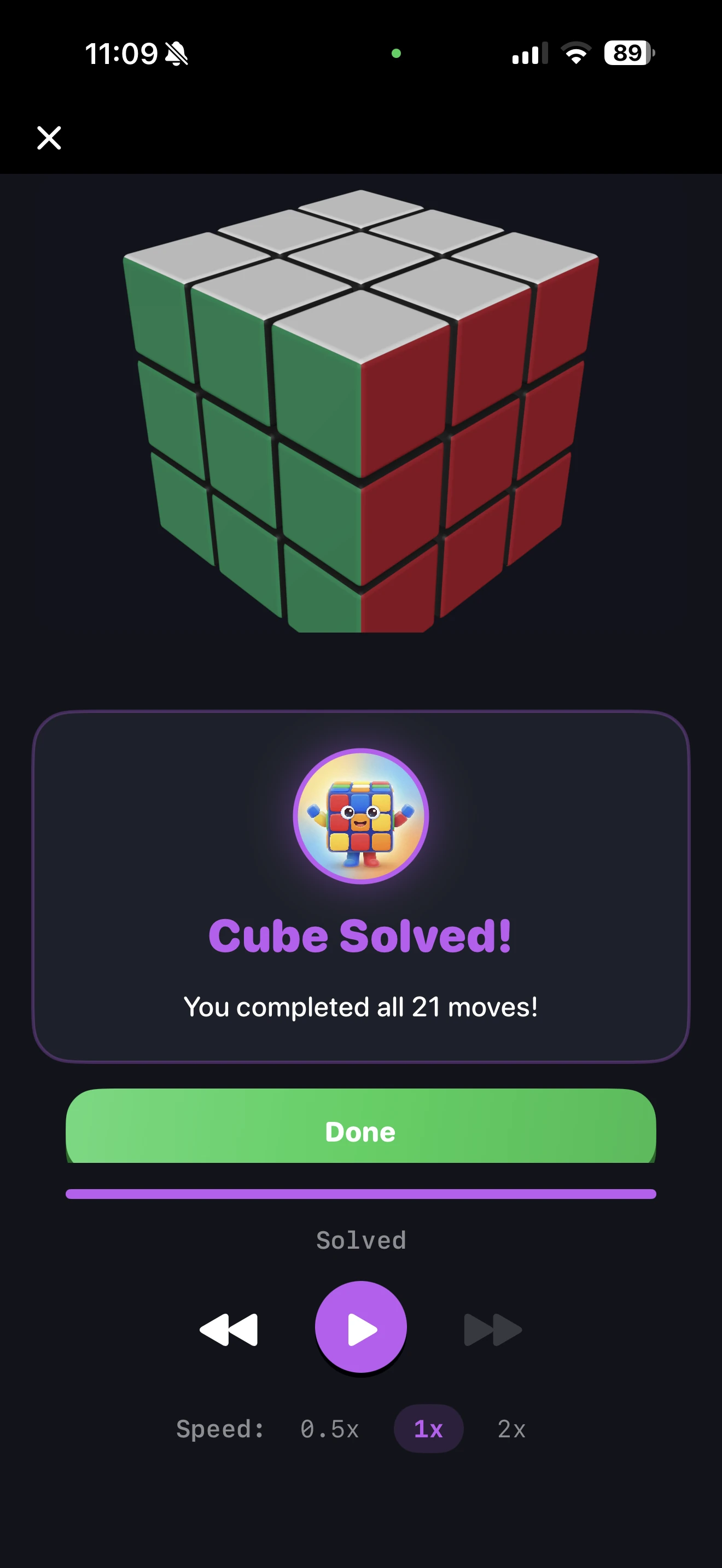CuberPal showing a completed Rubik’s Cube solution