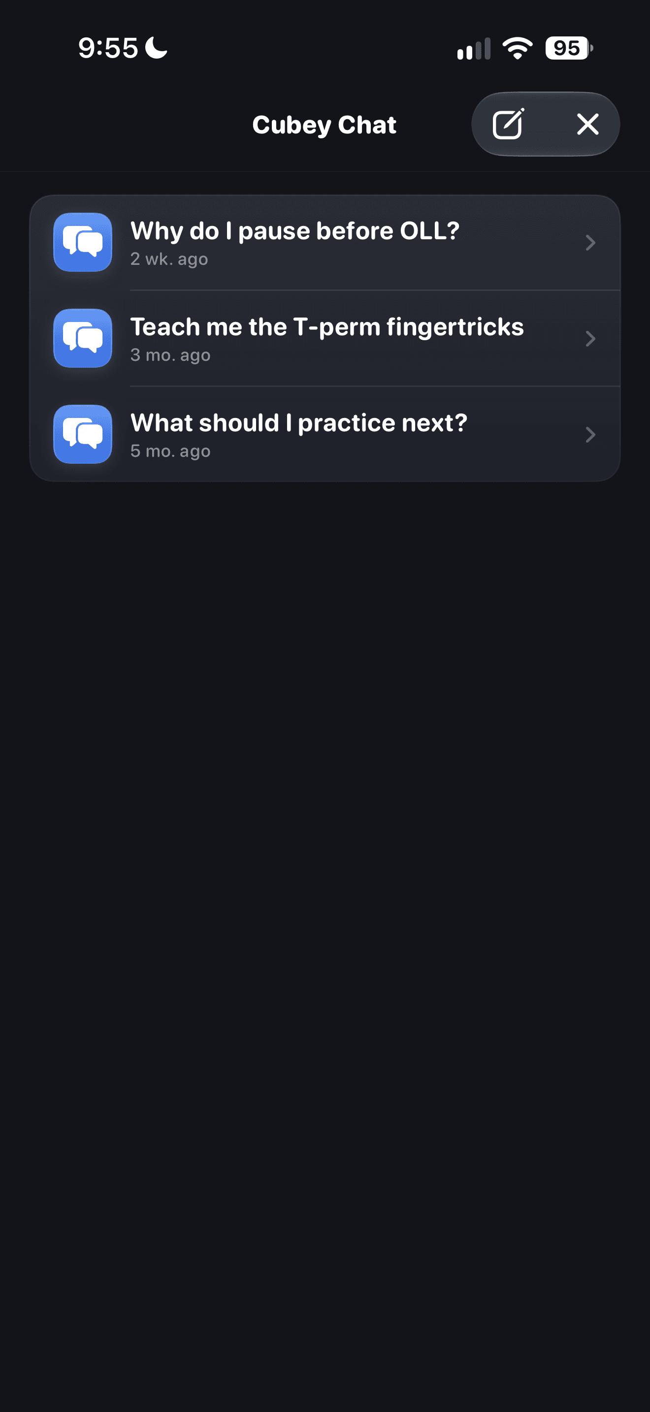 CuberPal Cubey Chat screen listing previous speedcubing conversations