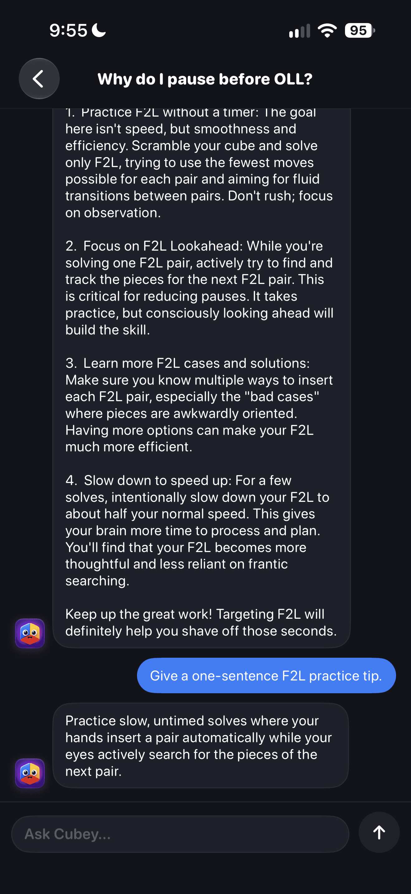 CuberPal redesigned Cubey chat explaining F2L practice and pauses before OLL