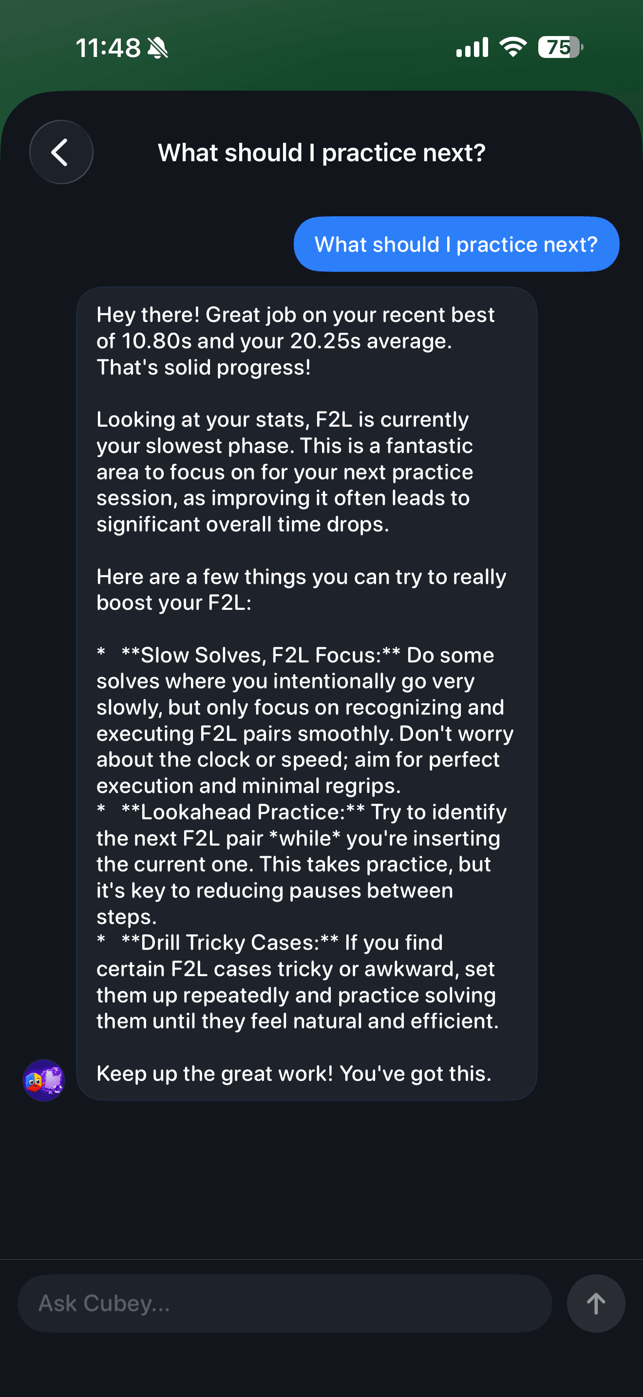 Cubey chat giving a personalized speedcubing practice recommendation