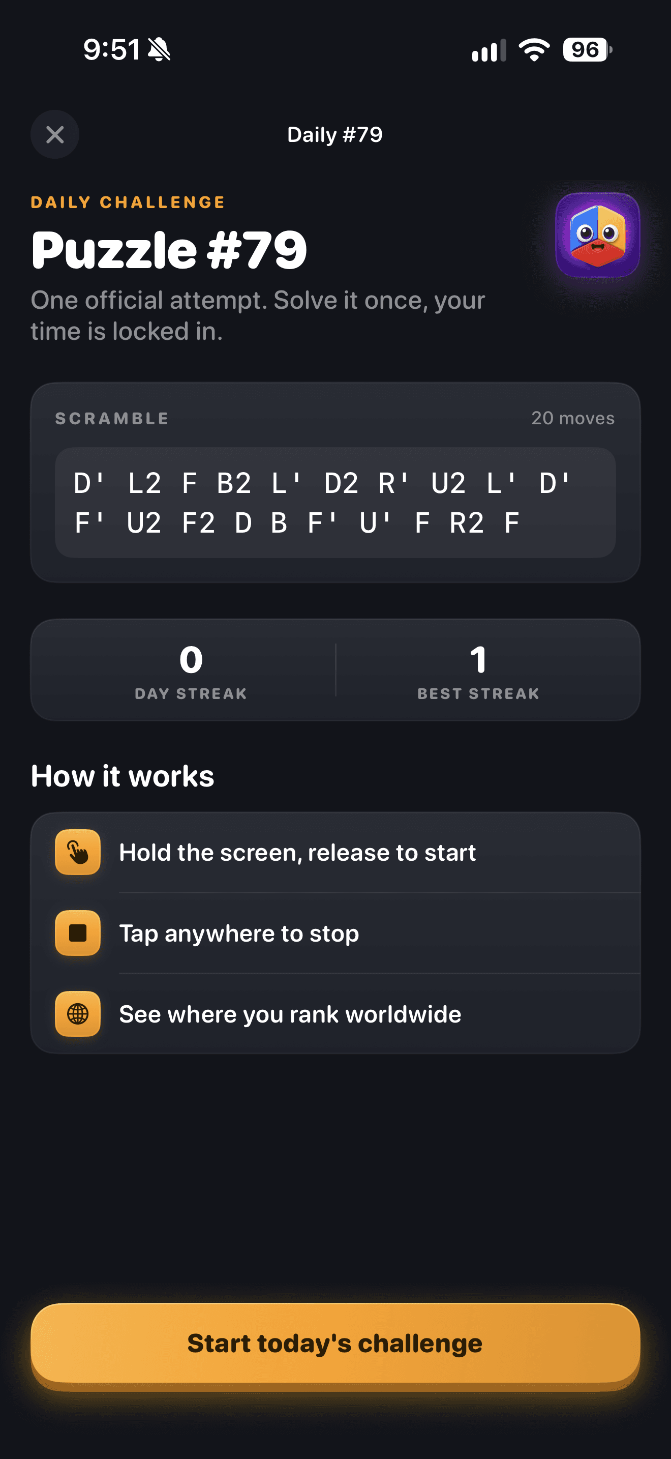 CuberPal daily challenge showing a scramble and instructions before starting