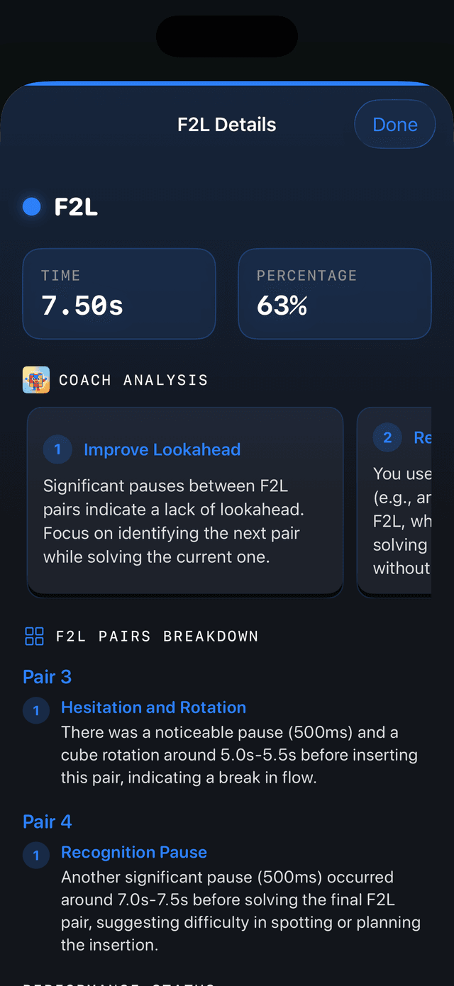 CuberPal AI detecting F2L hesitation and rotation with pair-by-pair timing feedback for lookahead training
