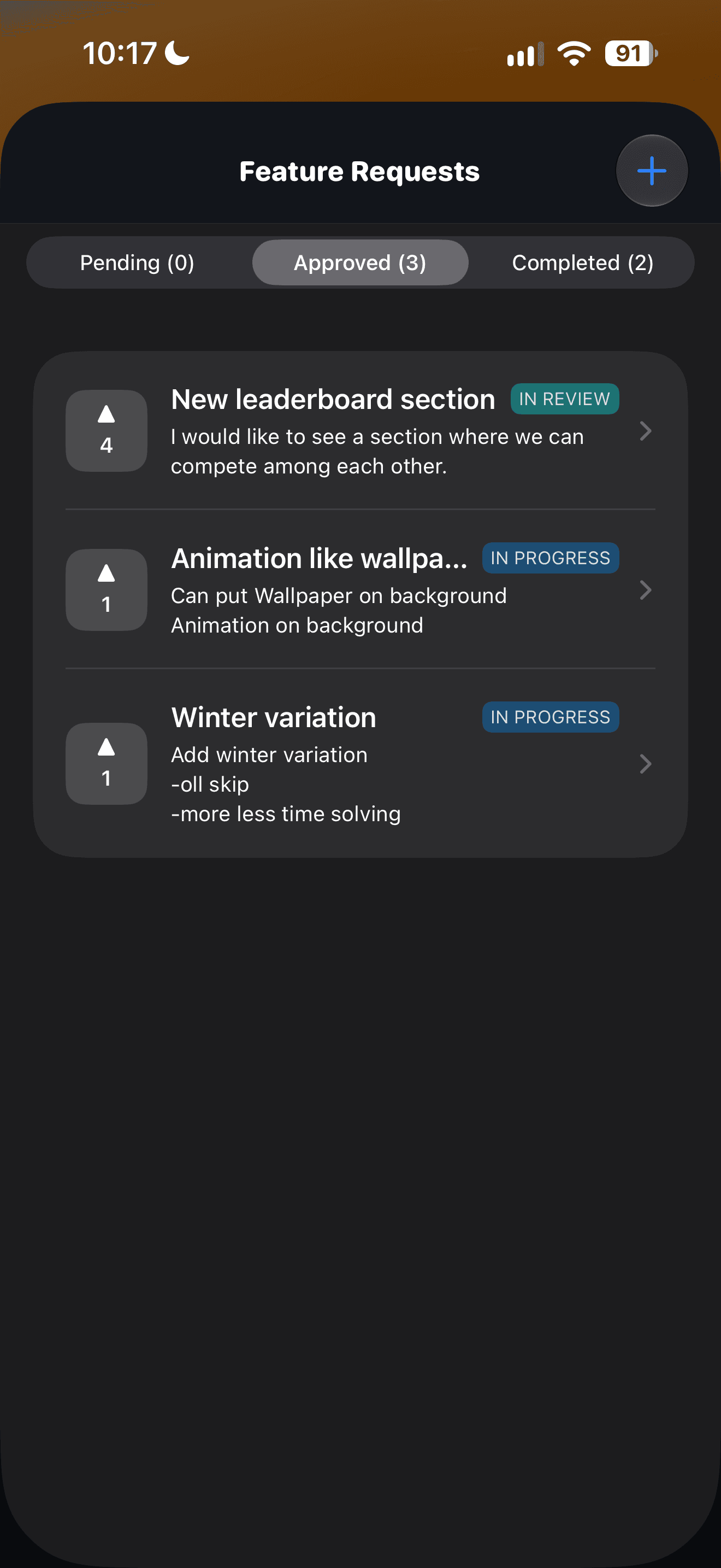 CuberPal feature requests screen showing approved requests and their progress