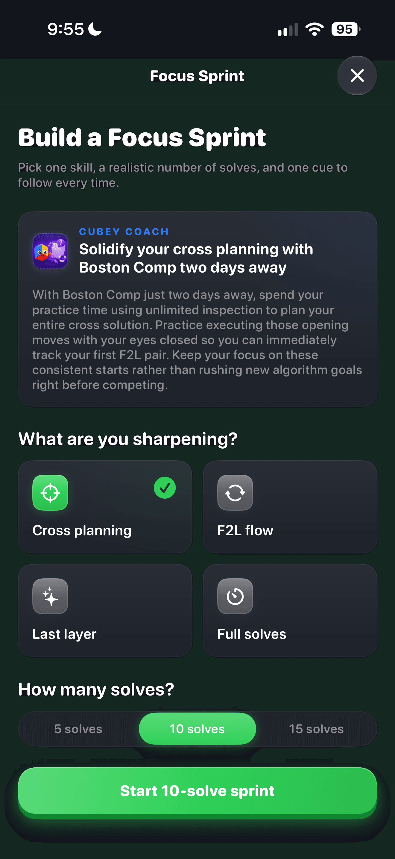 CuberPal focus sprint setup with skill selection and a ten-solve practice target