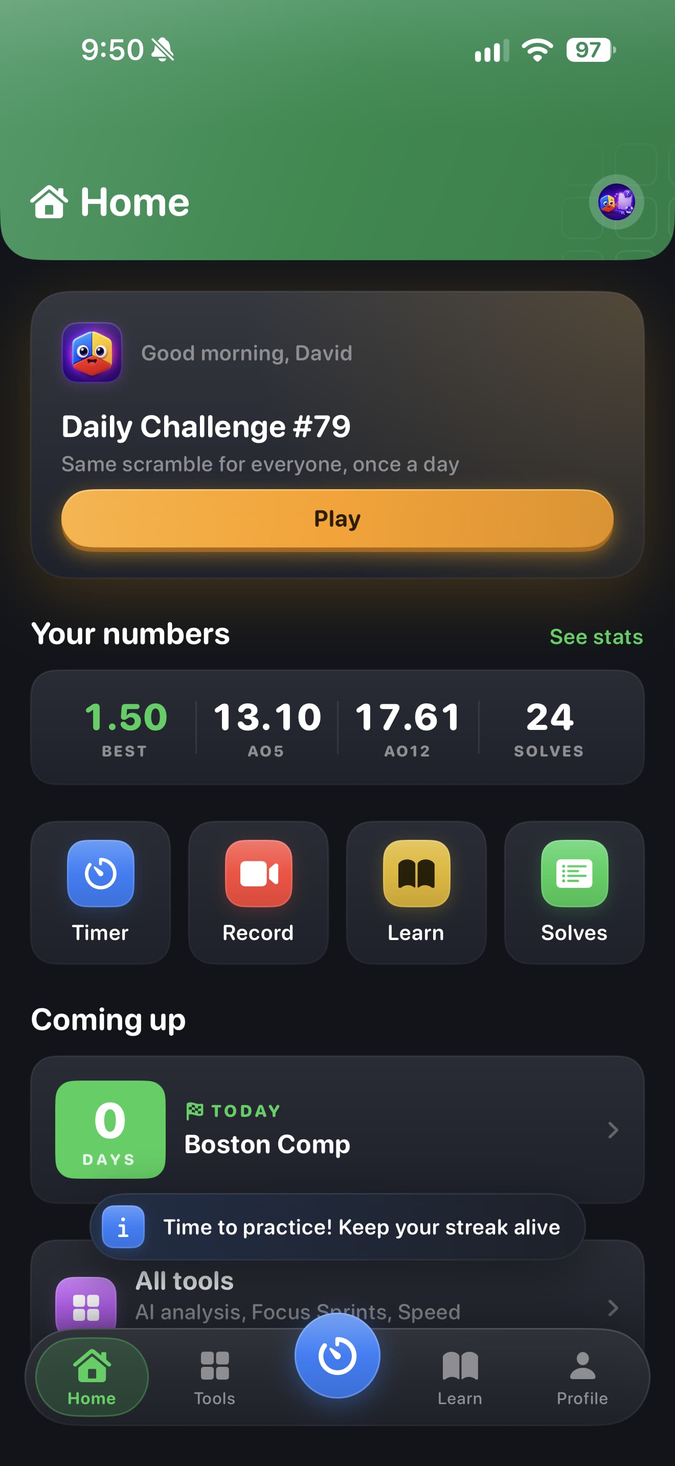 CuberPal redesigned home dashboard with a daily challenge, solve metrics, and shortcuts