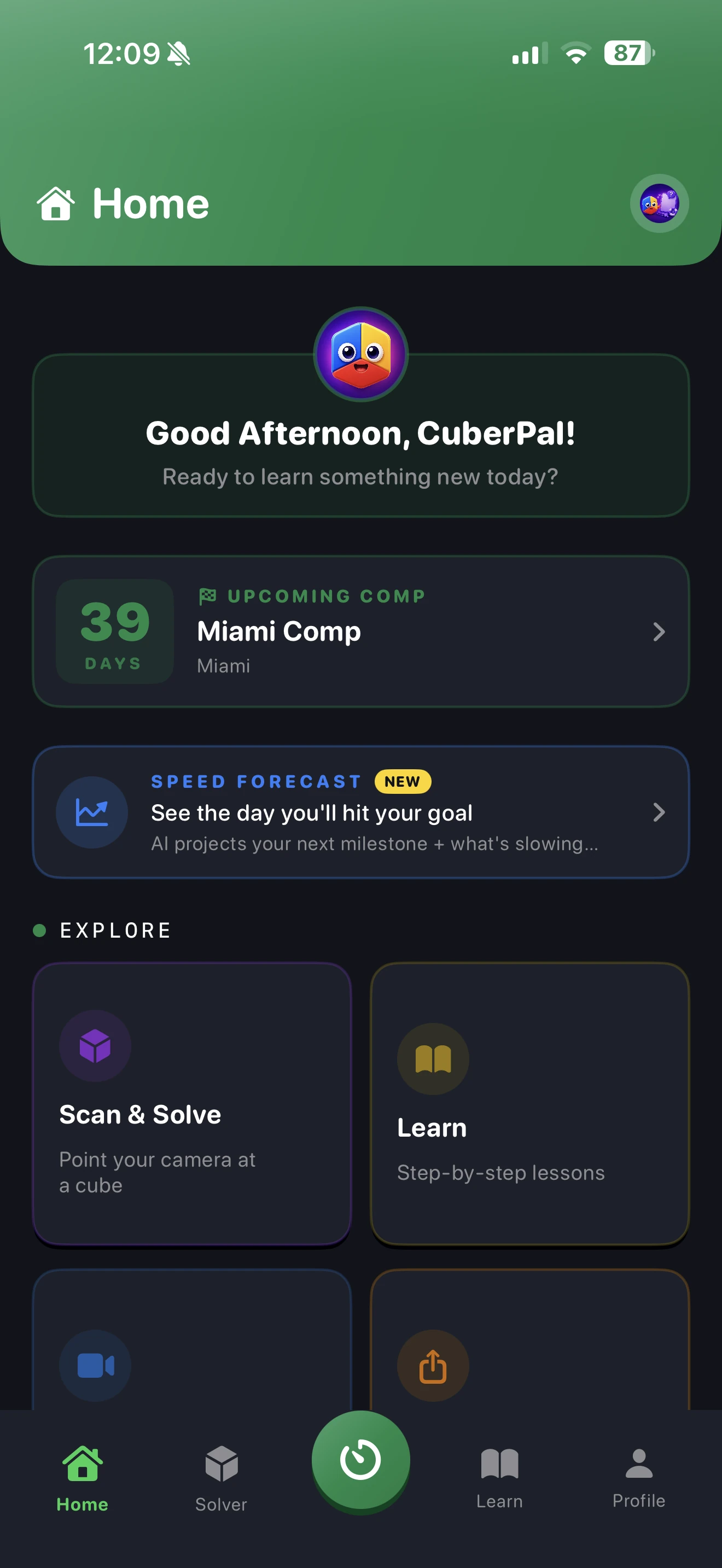 CuberPal home dashboard with speed forecast, scan and solve, and learning shortcuts