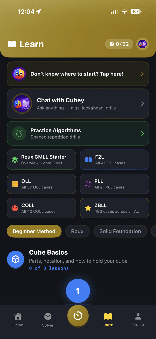 CuberPal Learn tab with structured CFOP lessons covering Cross, F2L, OLL and PLL cases