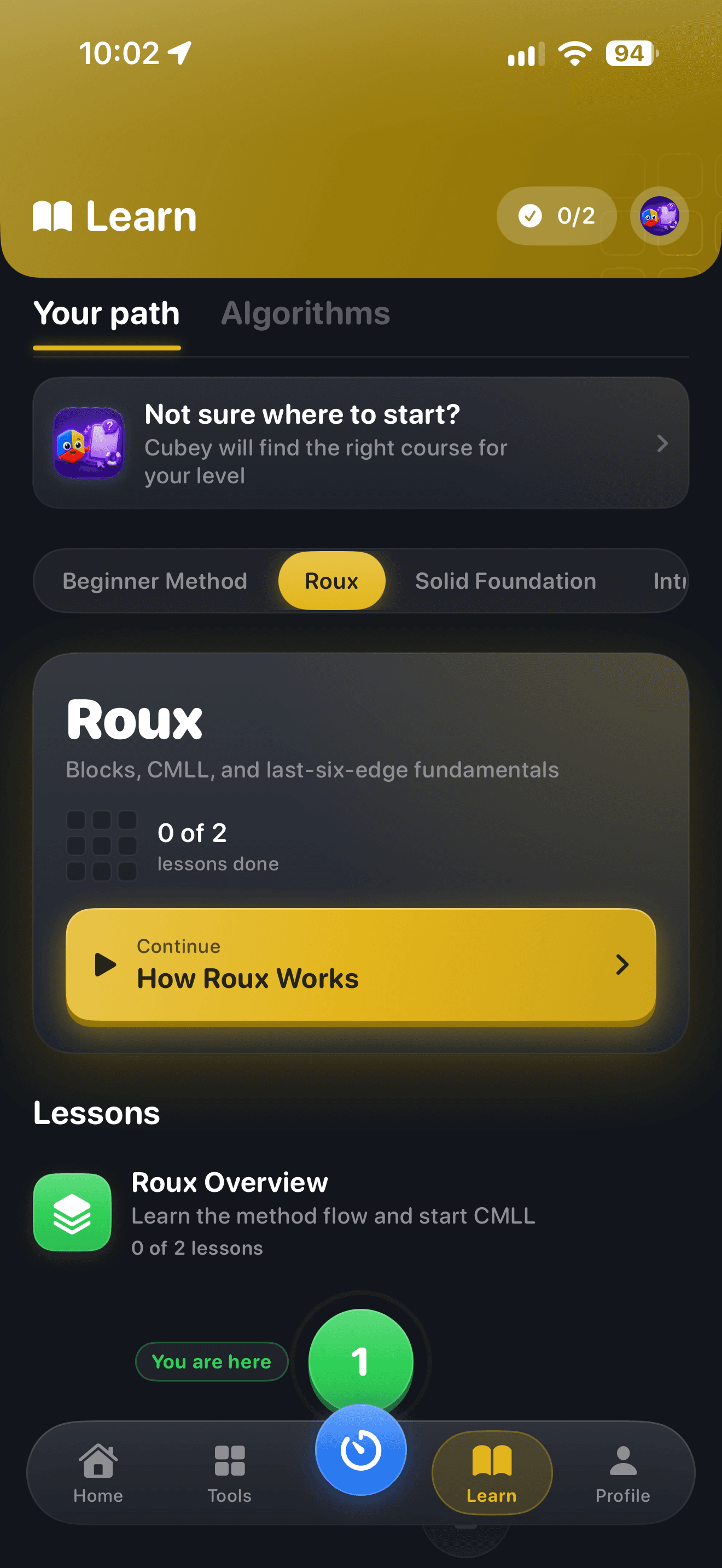 CuberPal redesigned Roux learning path with course progress and an overview lesson