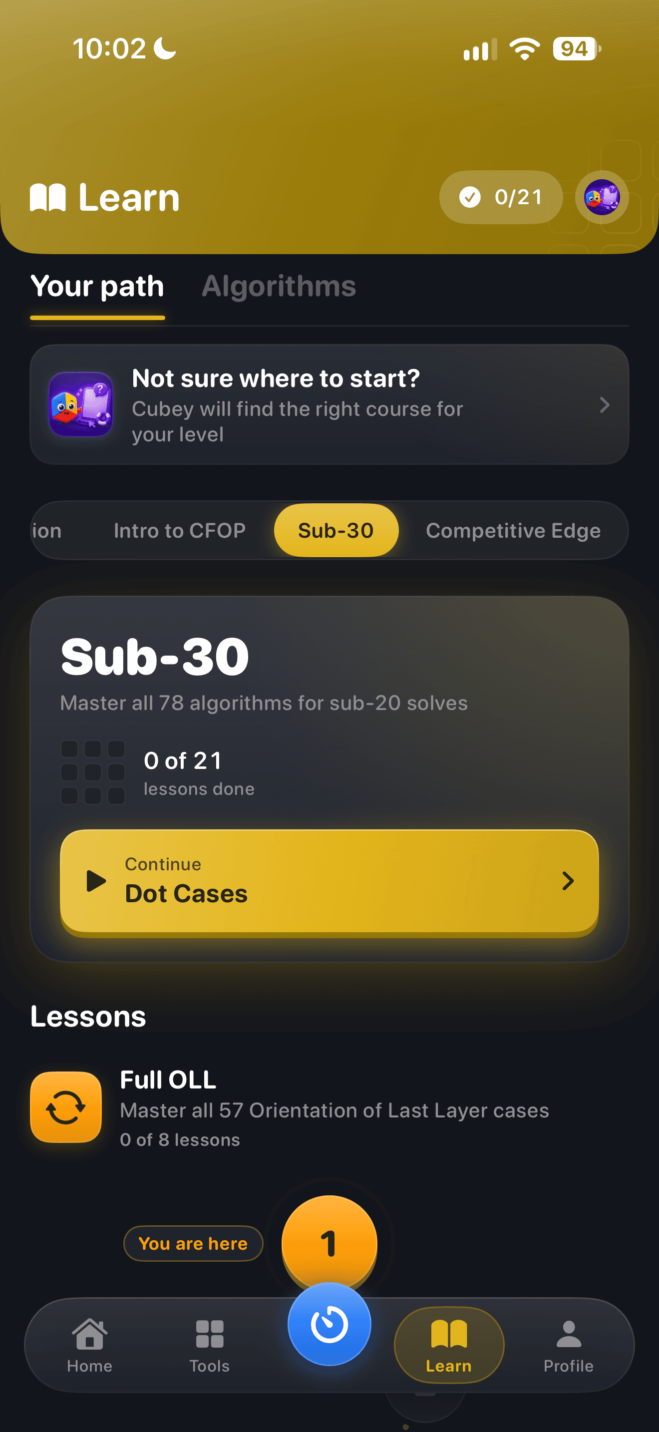 CuberPal redesigned learning path showing the Sub-30 course and Full OLL lessons