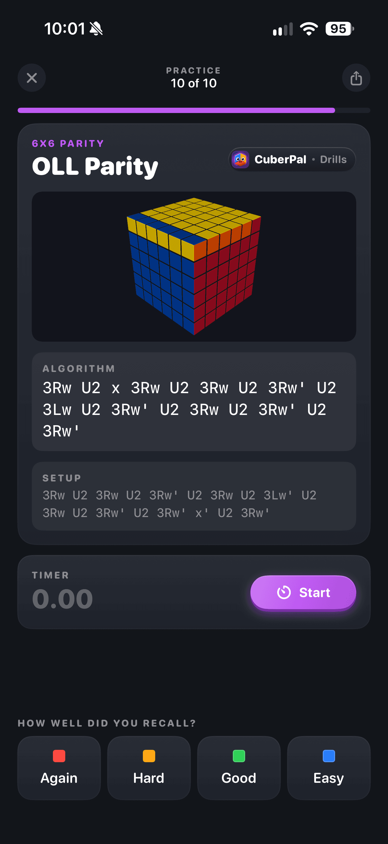 CuberPal 6x6 OLL parity drill with a 3D cube, algorithm, and timer