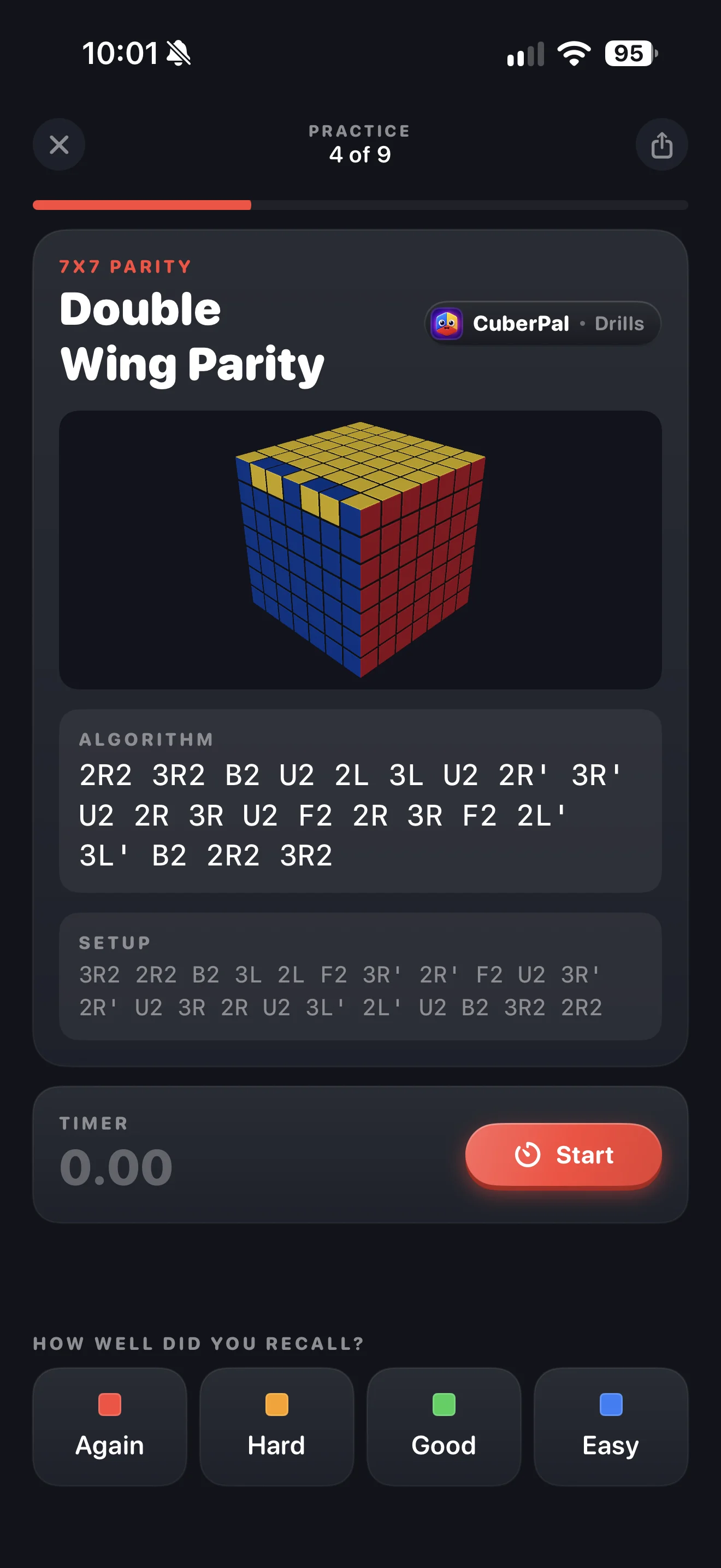 CuberPal 7x7 double wing parity drill with algorithm, setup moves, and recall ratings