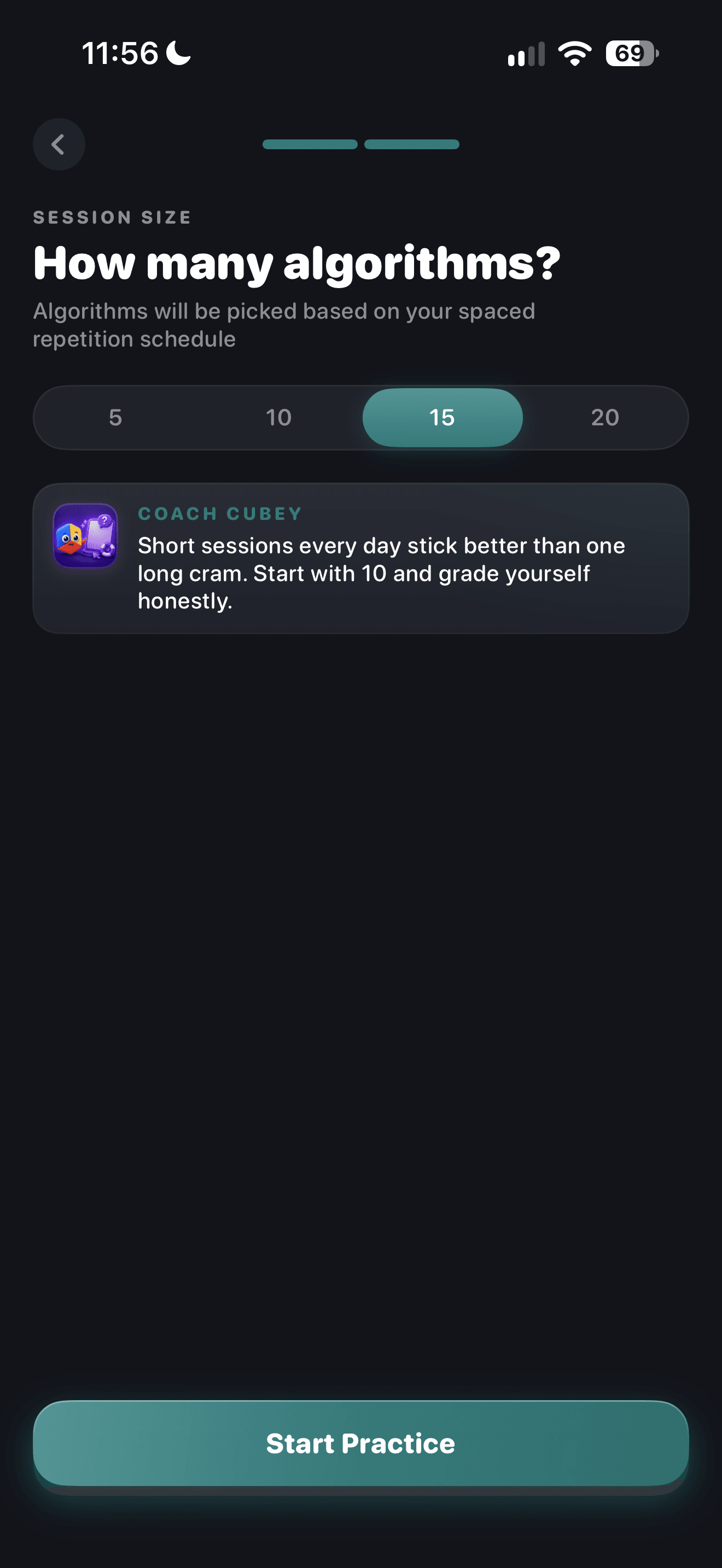 CuberPal redesigned practice session size selection with an algorithm count and Coach Cubey advice