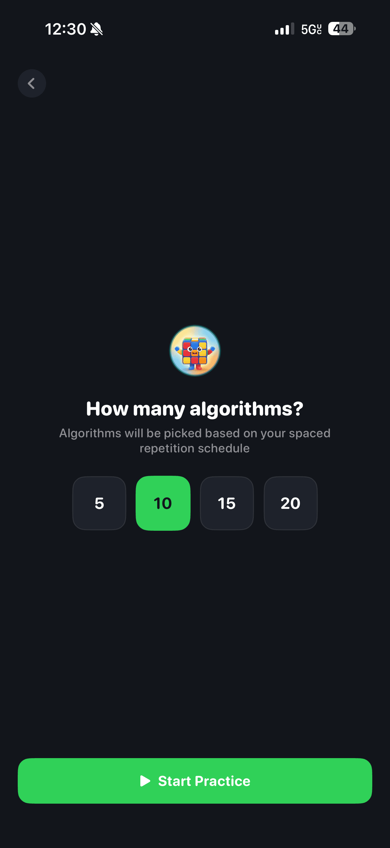 CuberPal algorithm practice session showing a completed case count
