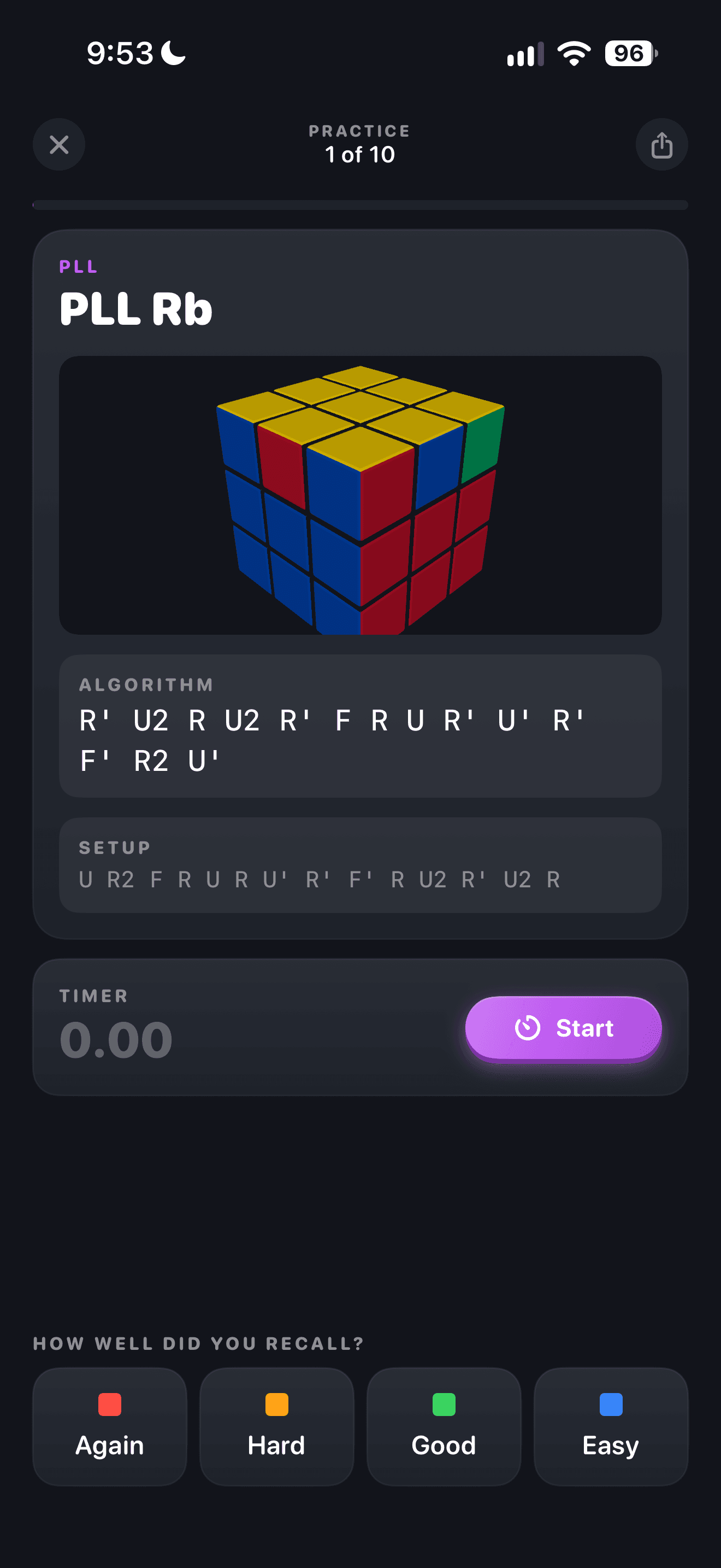 CuberPal redesigned PLL practice showing a case, algorithm, timer, and recall ratings