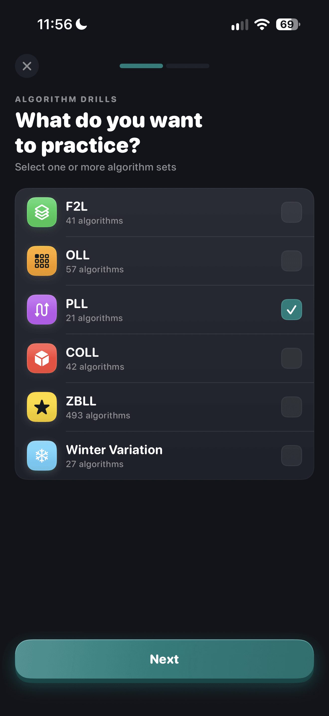 CuberPal redesigned algorithm practice selection with F2L, OLL, PLL, COLL, ZBLL, and Winter Variation