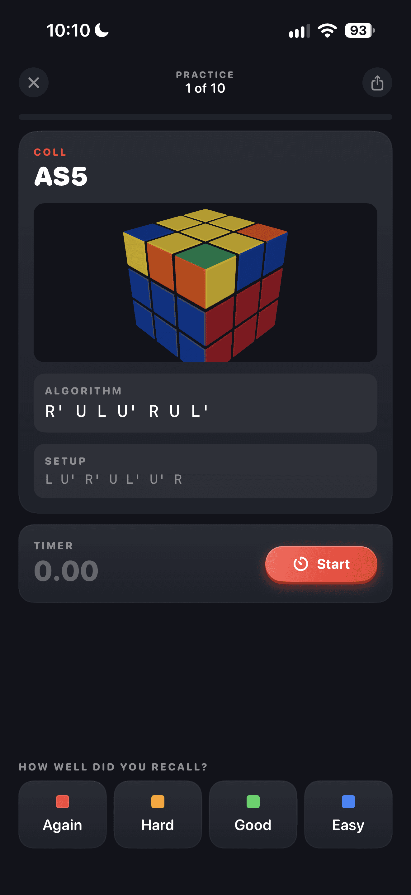 CuberPal COLL practice showing a case, algorithm, timer, and recall ratings