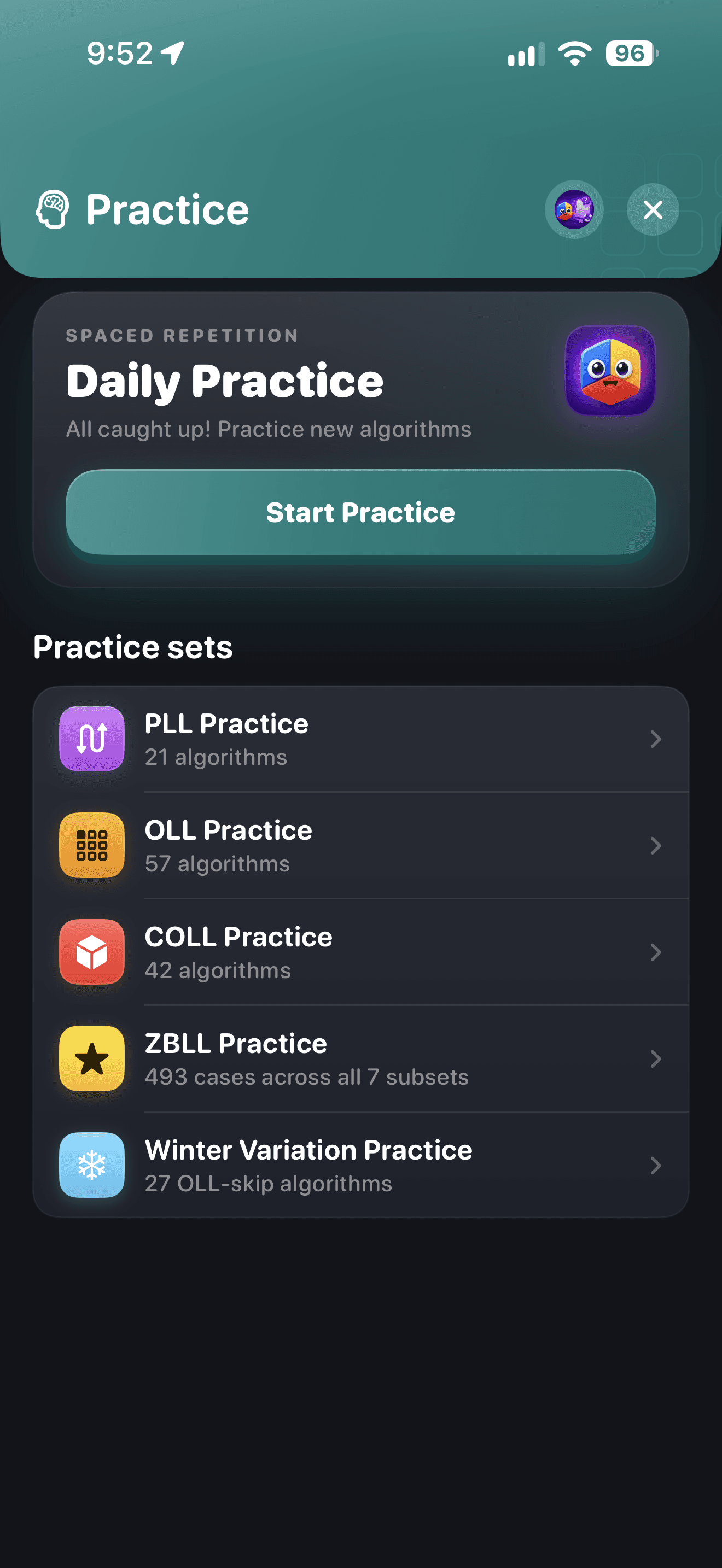 CuberPal redesigned daily practice screen with algorithm practice sets