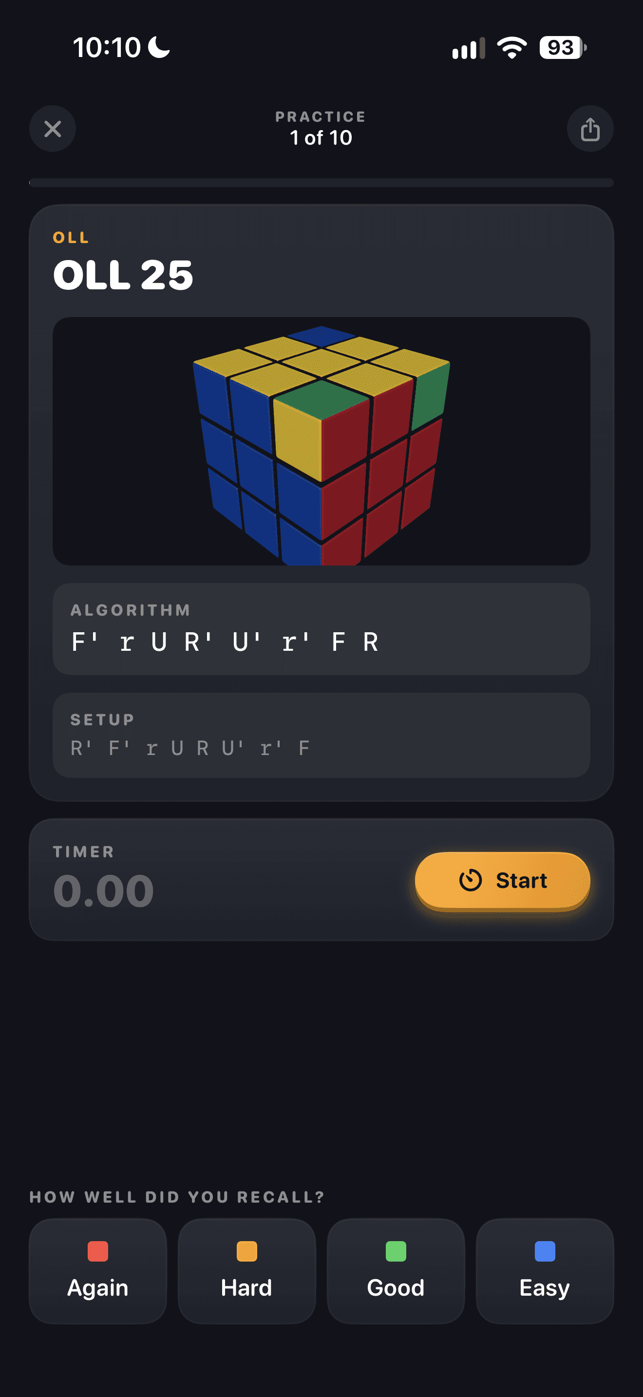 CuberPal OLL practice showing a case, algorithm, timer, and recall ratings