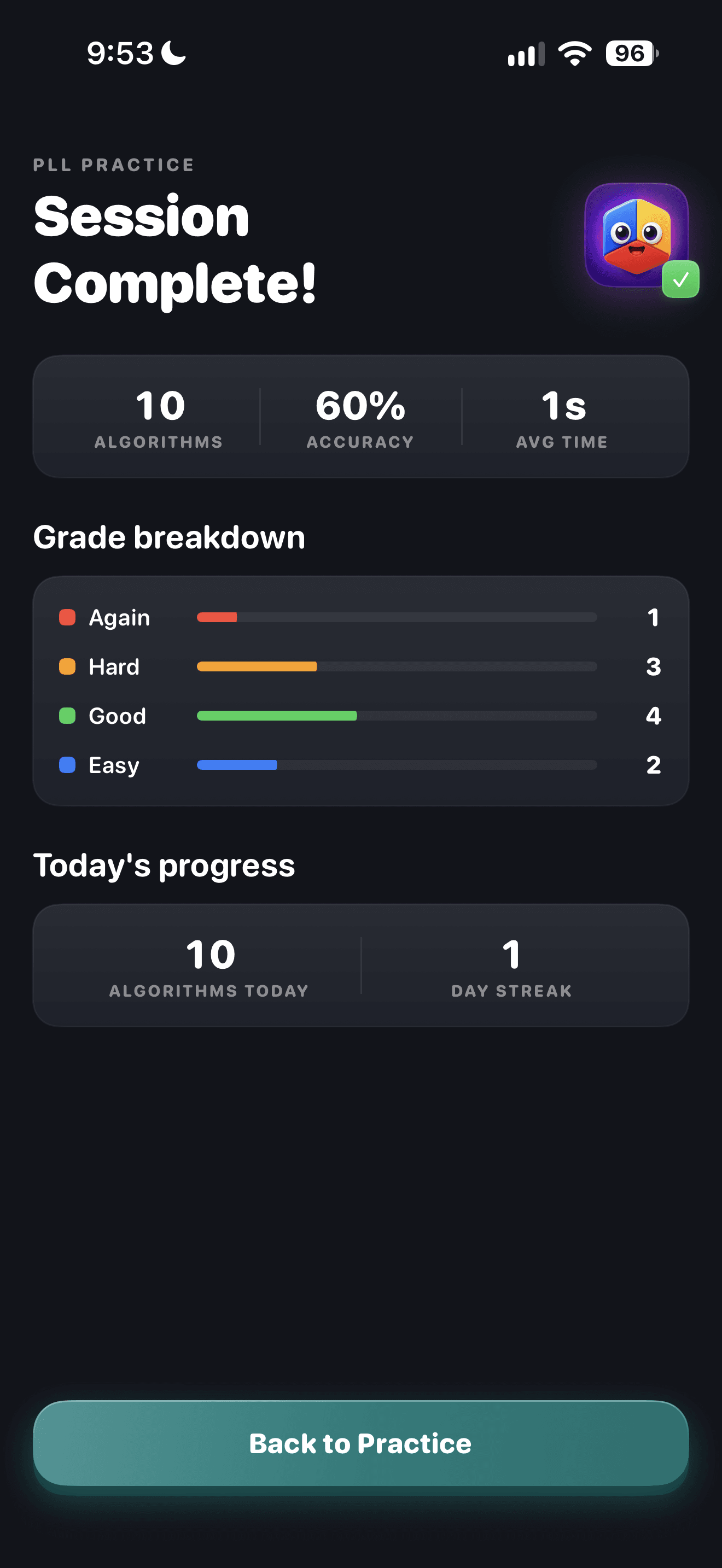 CuberPal completed practice session with accuracy, recall grades, and daily progress