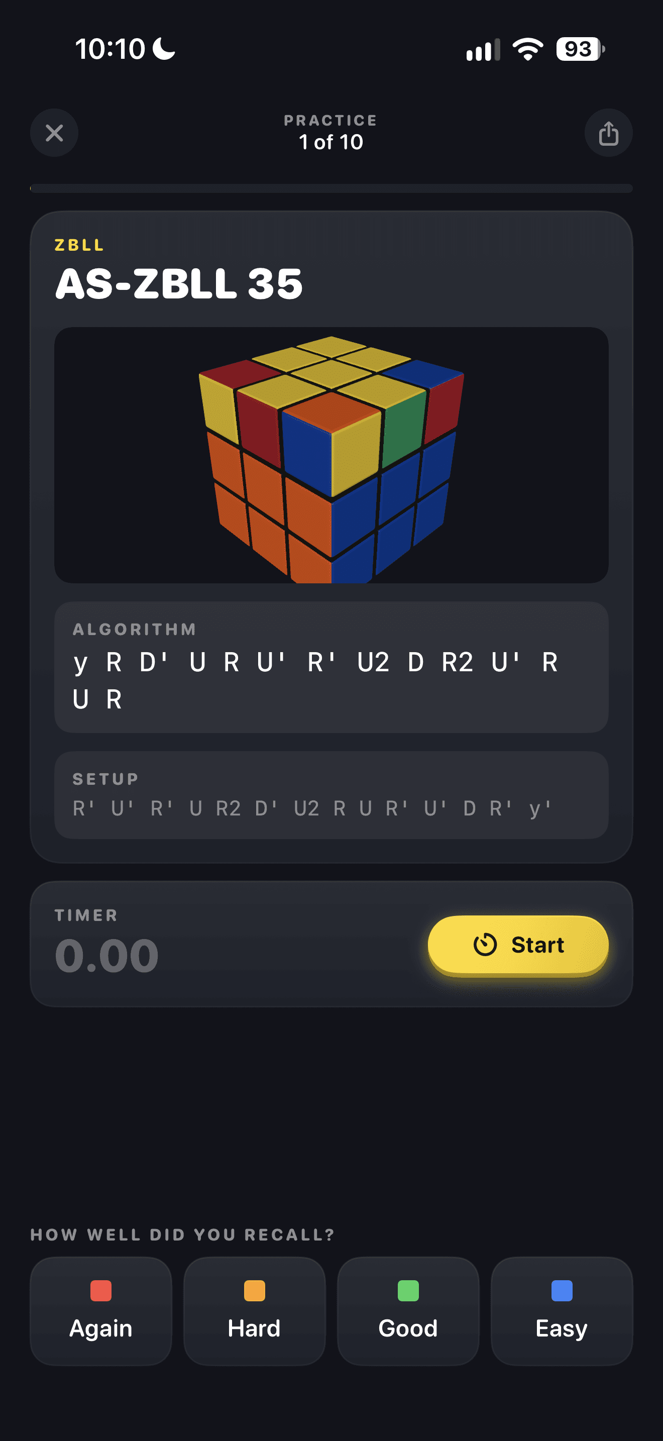 CuberPal ZBLL practice showing a case, algorithm, timer, and recall ratings