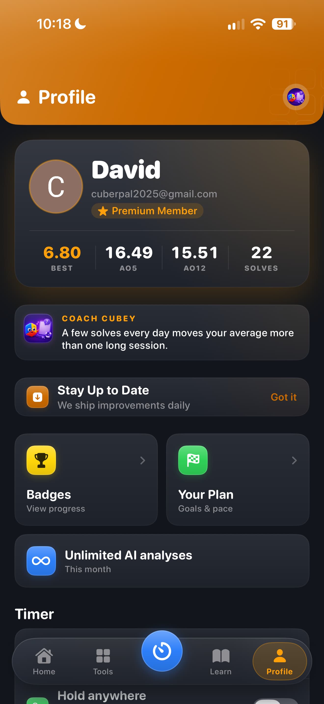 CuberPal redesigned profile dashboard with solve metrics, badges, and training plan shortcuts