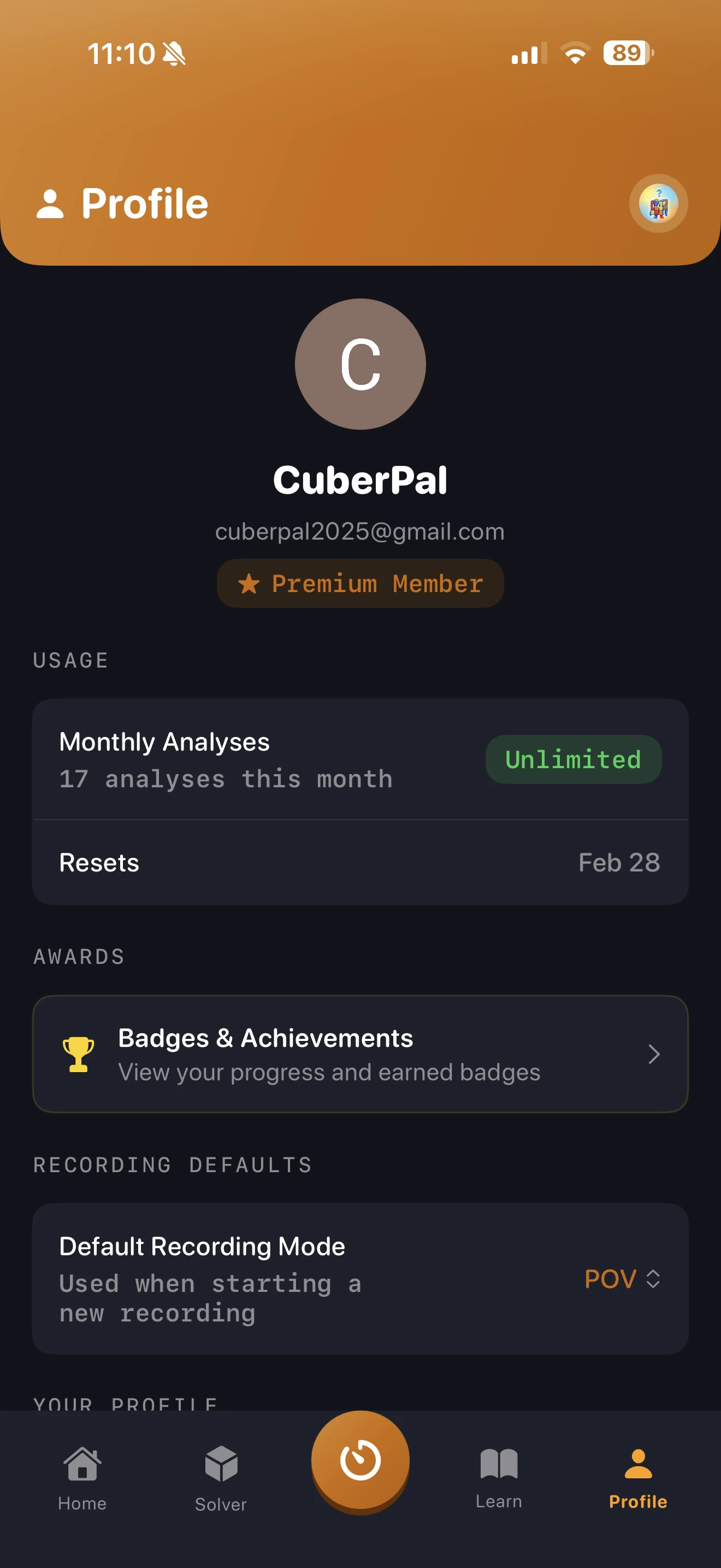 CuberPal profile dashboard with a cuber’s progress and account details