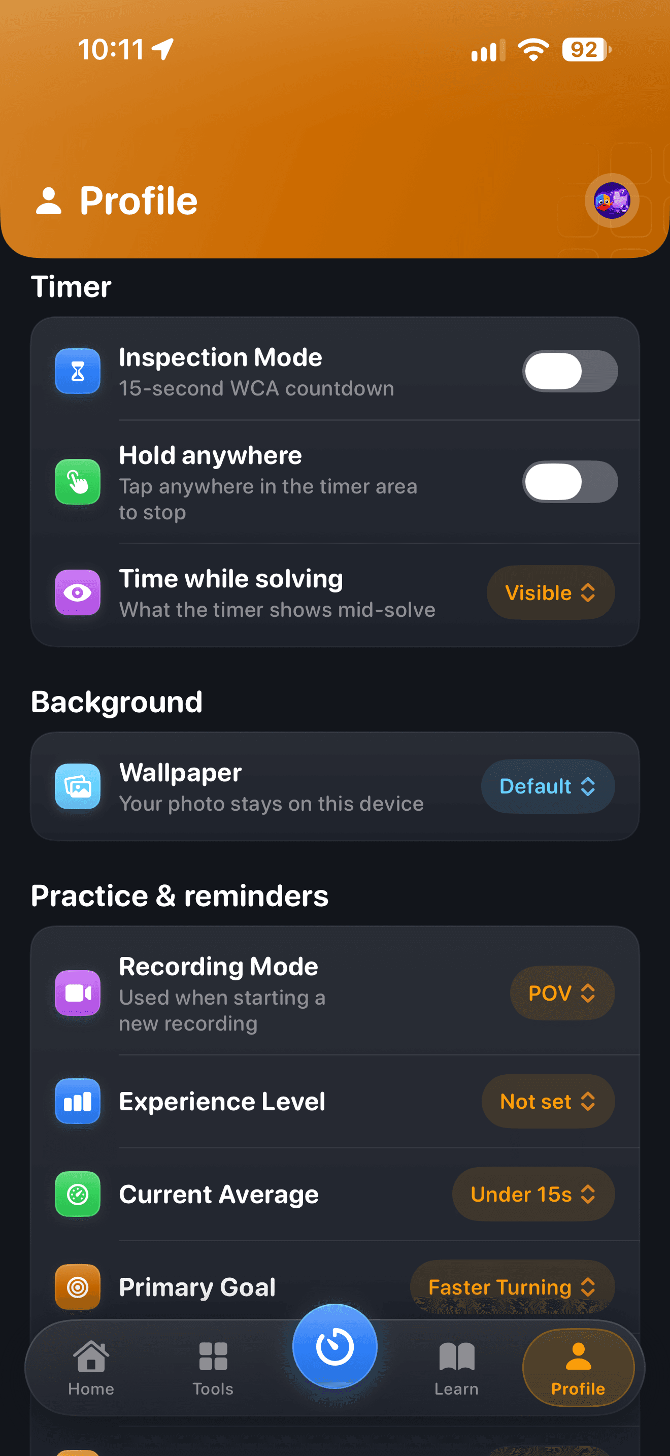 CuberPal redesigned profile settings with timer, background, and practice preferences