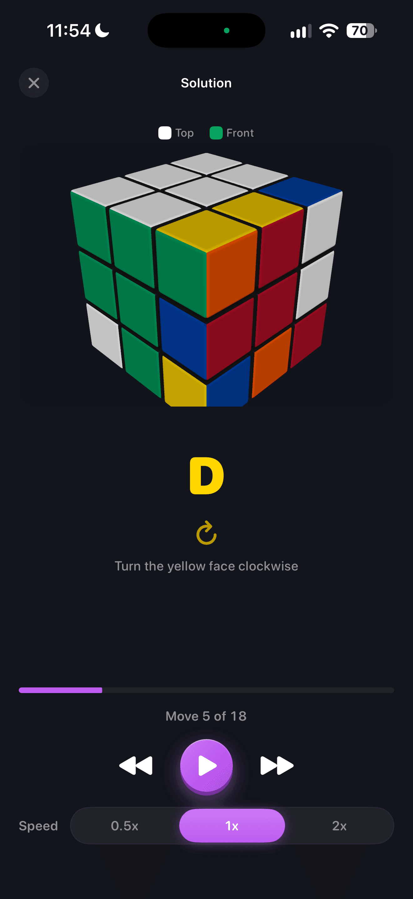 CuberPal redesigned solution playback showing a D move, cube state, and playback controls