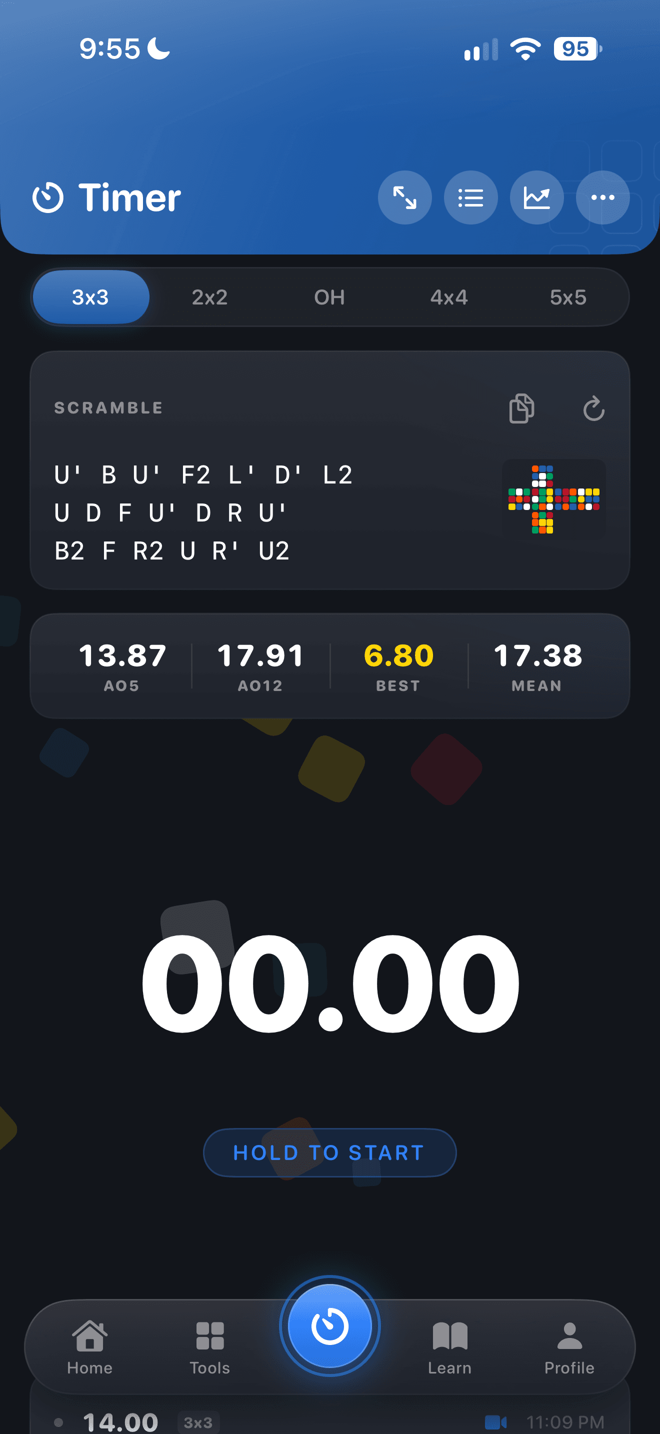 CuberPal timer with a floating cube background and a ready stopwatch