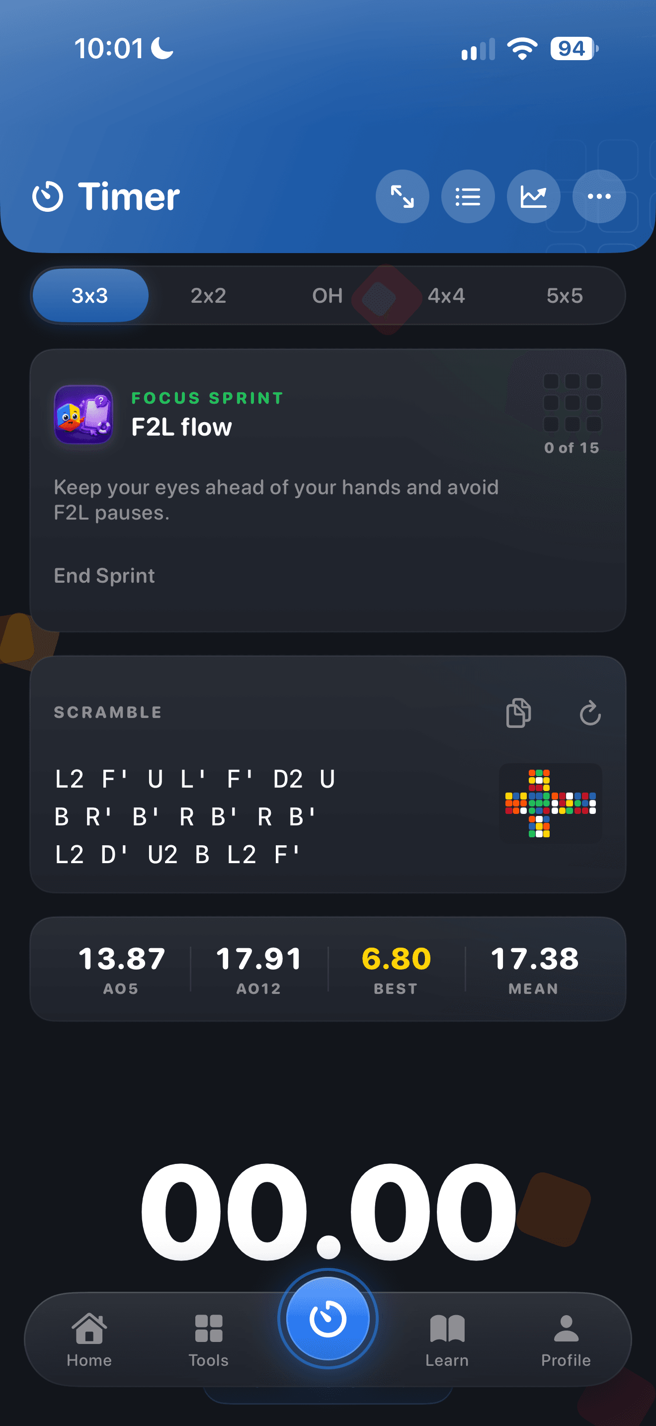 CuberPal timer during an F2L flow focus sprint with solve progress