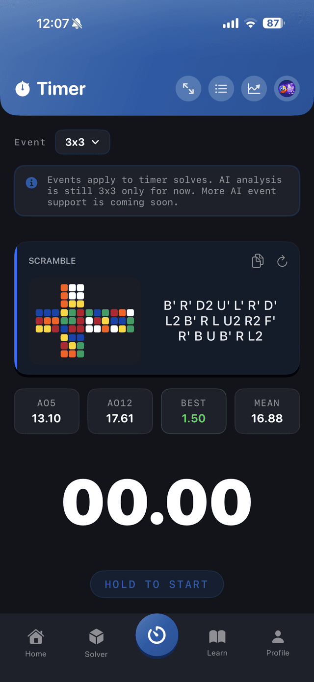 CuberPal cube timer with WCA inspection, scramble preview and ao5 ao12 ao100 statistics