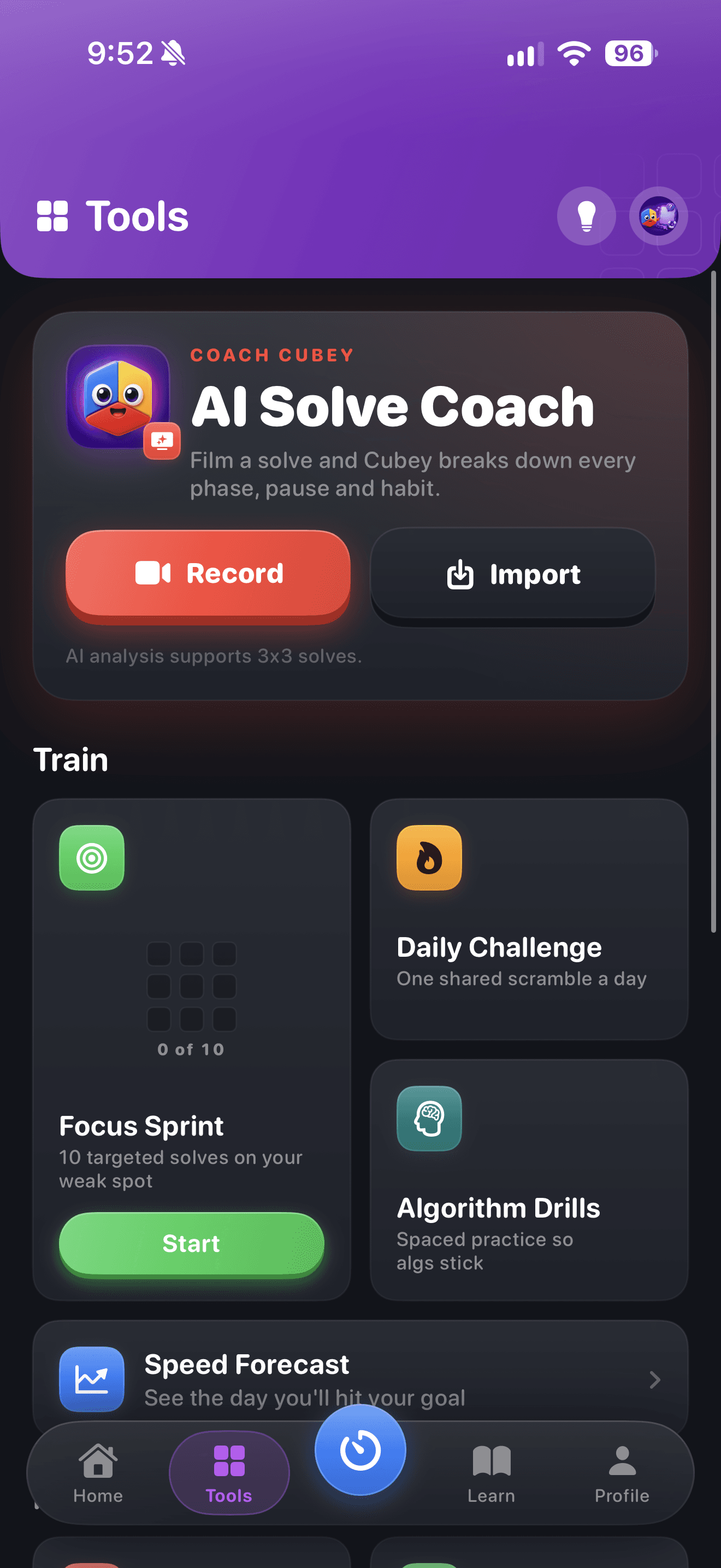 CuberPal redesigned tools dashboard with AI Solve Coach and training shortcuts