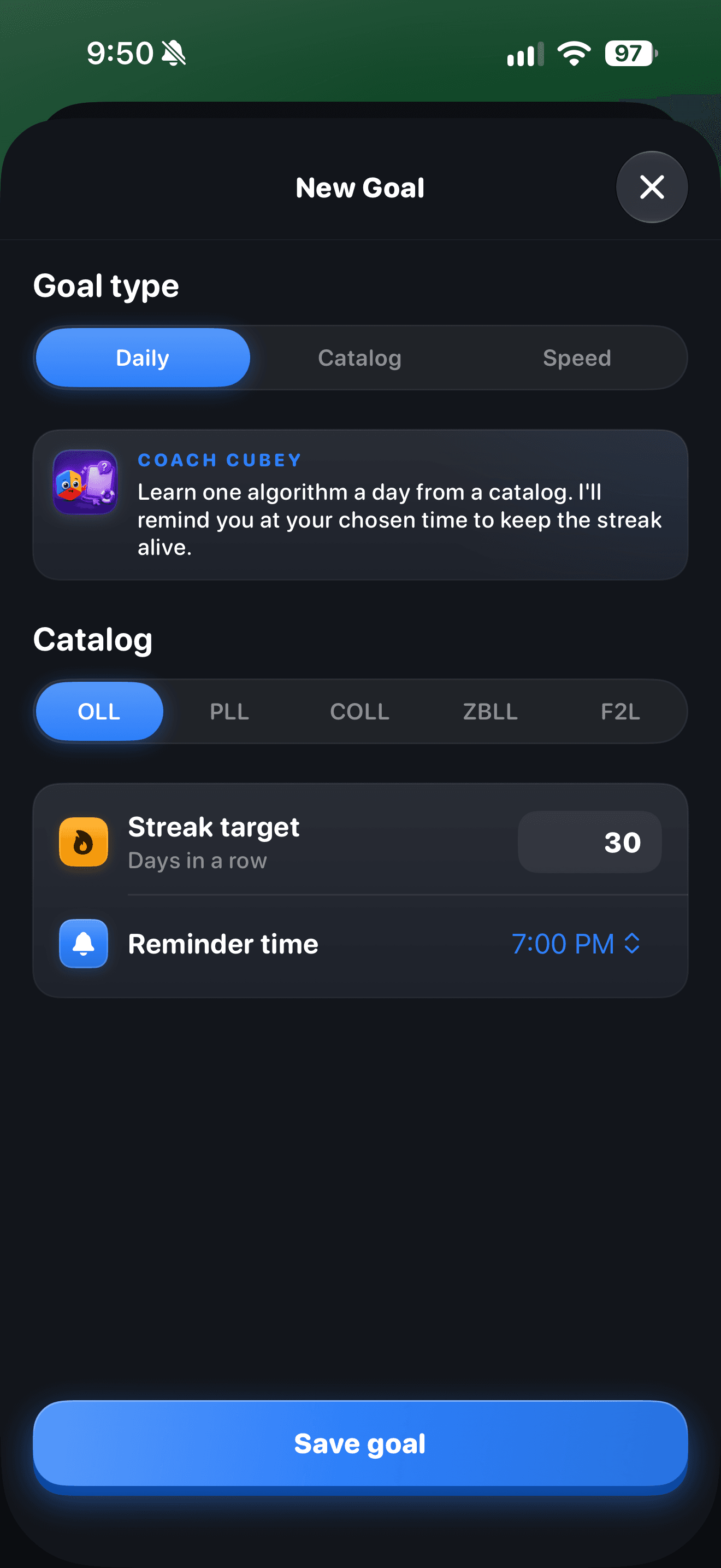 CuberPal daily algorithm goal with a streak target and reminder time