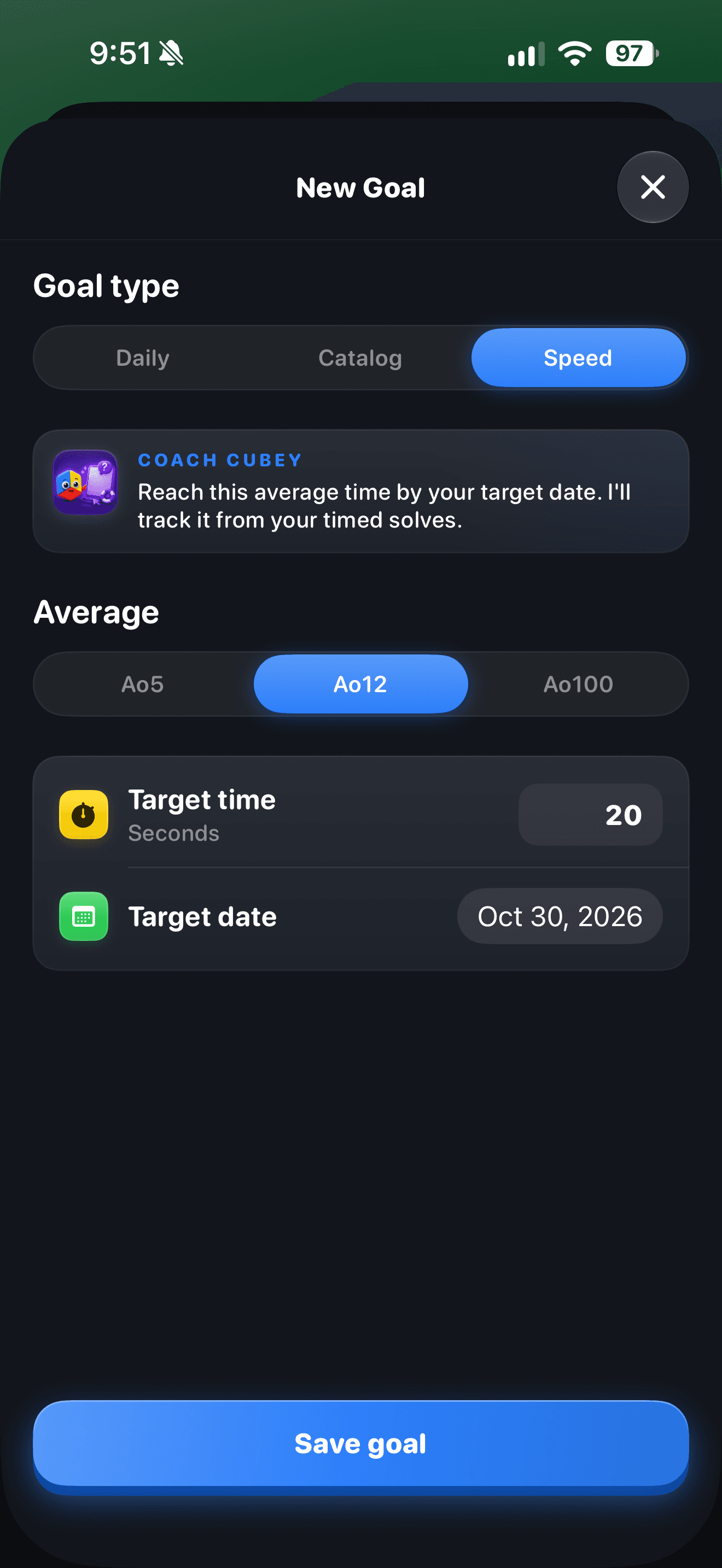 CuberPal speed goal with average type, target time, and target date