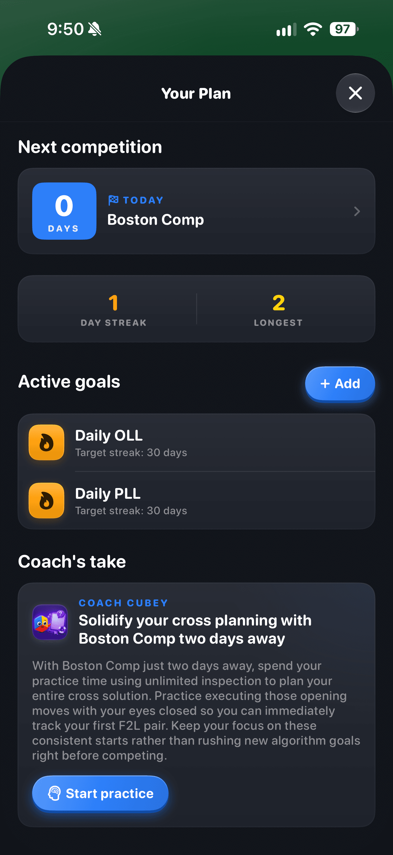 CuberPal redesigned training plan showing active goals and competition coaching