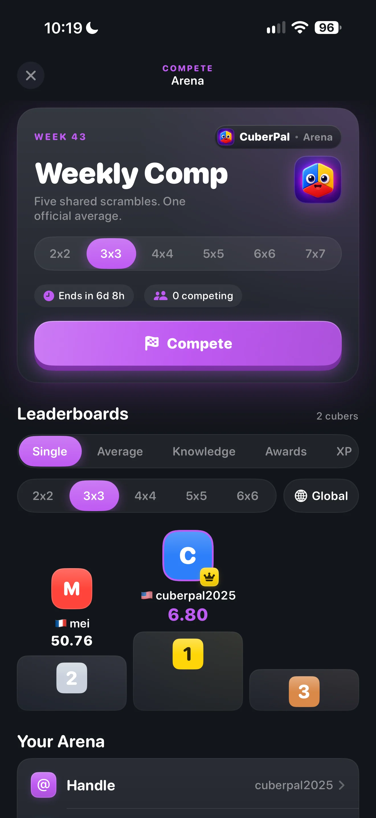 CuberPal Weekly Comp arena with five shared scrambles, event picker, and a leaderboard podium