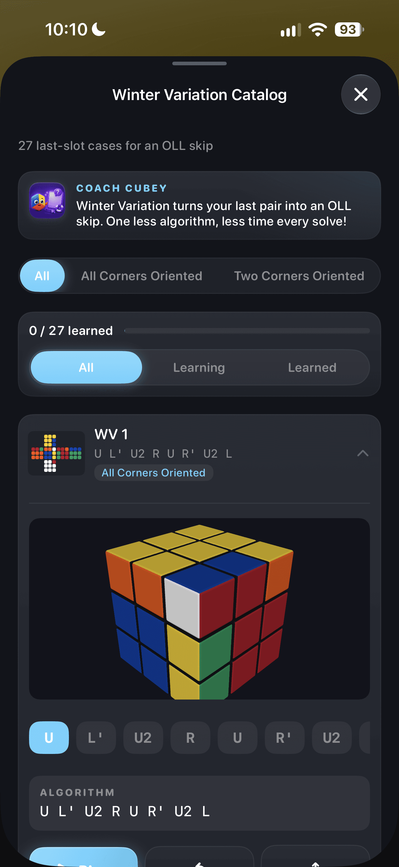 CuberPal Winter Variation catalog with case filters, cube diagram, and algorithm