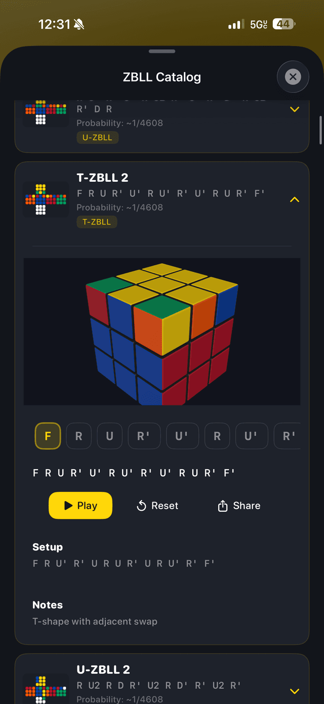 CuberPal ZBLL algorithm catalogue with 493 cases, 3D cube previews and tap-through playback