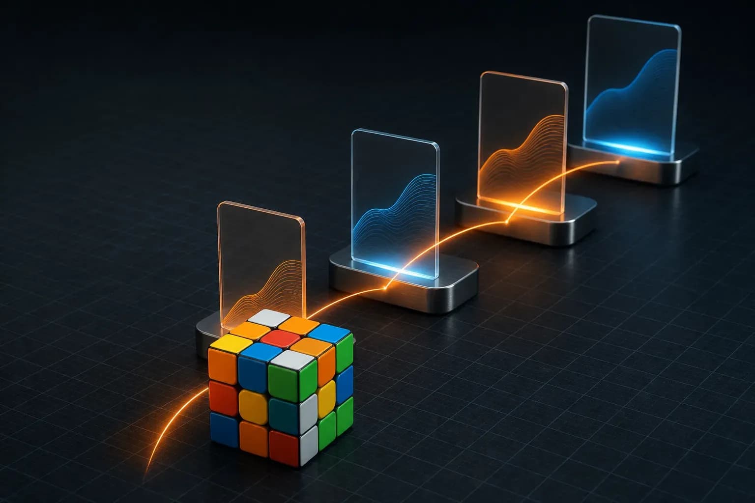 A 3x3 speed cube moving along a rising sequence of four illuminated performance checkpoints.