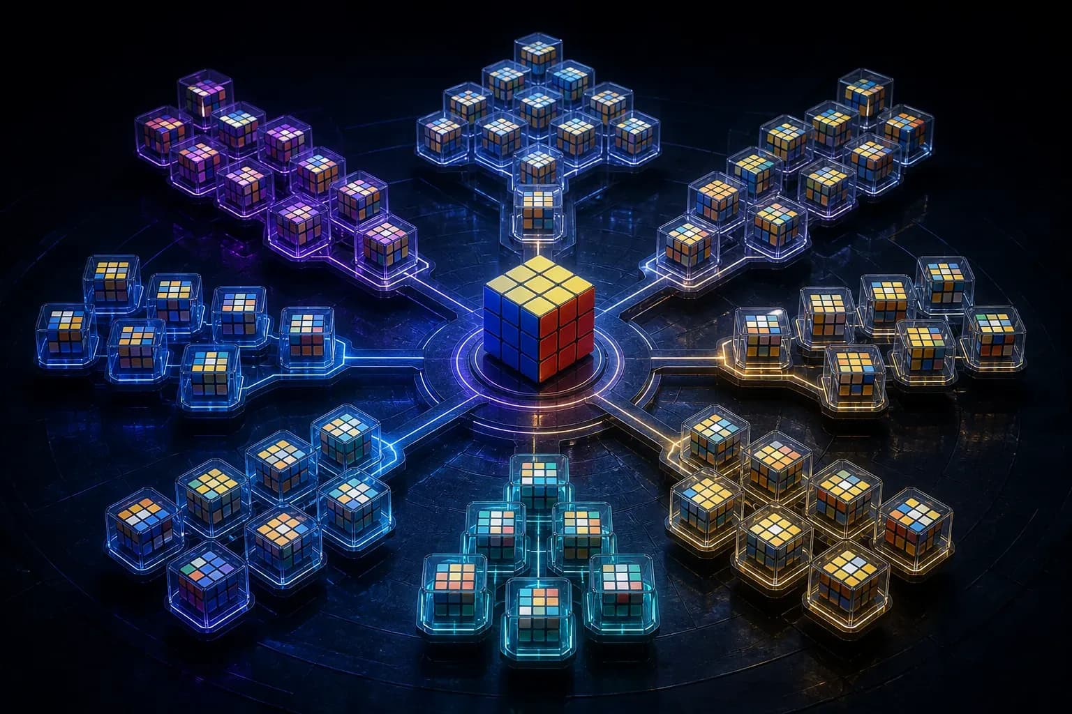 A 3x3 cube at the center of seven dense, orderly clusters of advanced last-layer cases.