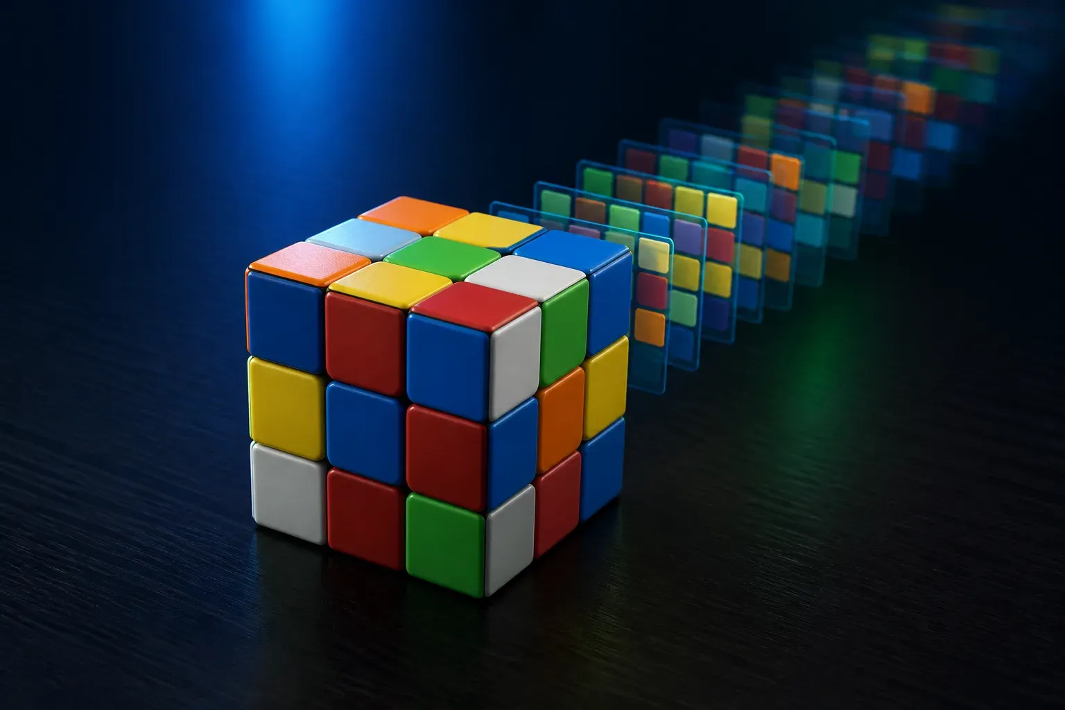 A scrambled 3x3 speed cube followed by translucent randomized cube-state tiles on a dark practice desk.