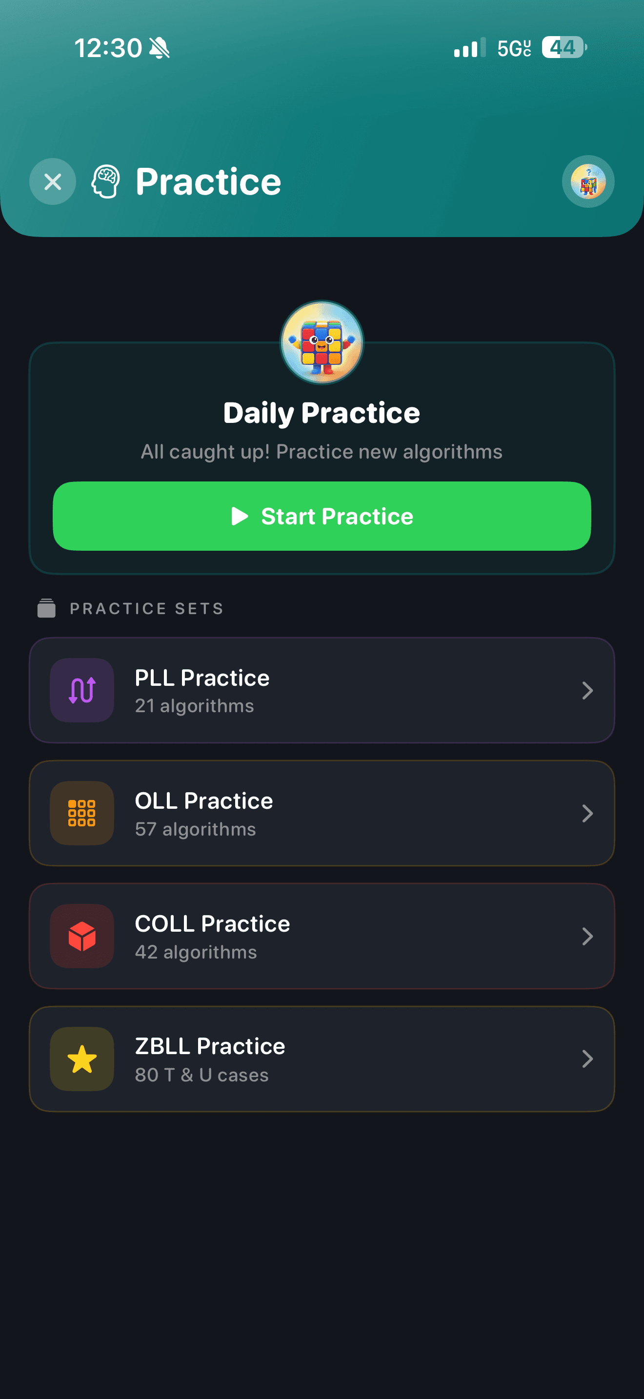 CuberPal Practice screen with daily practice and OLL, PLL, COLL, and ZBLL practice sets